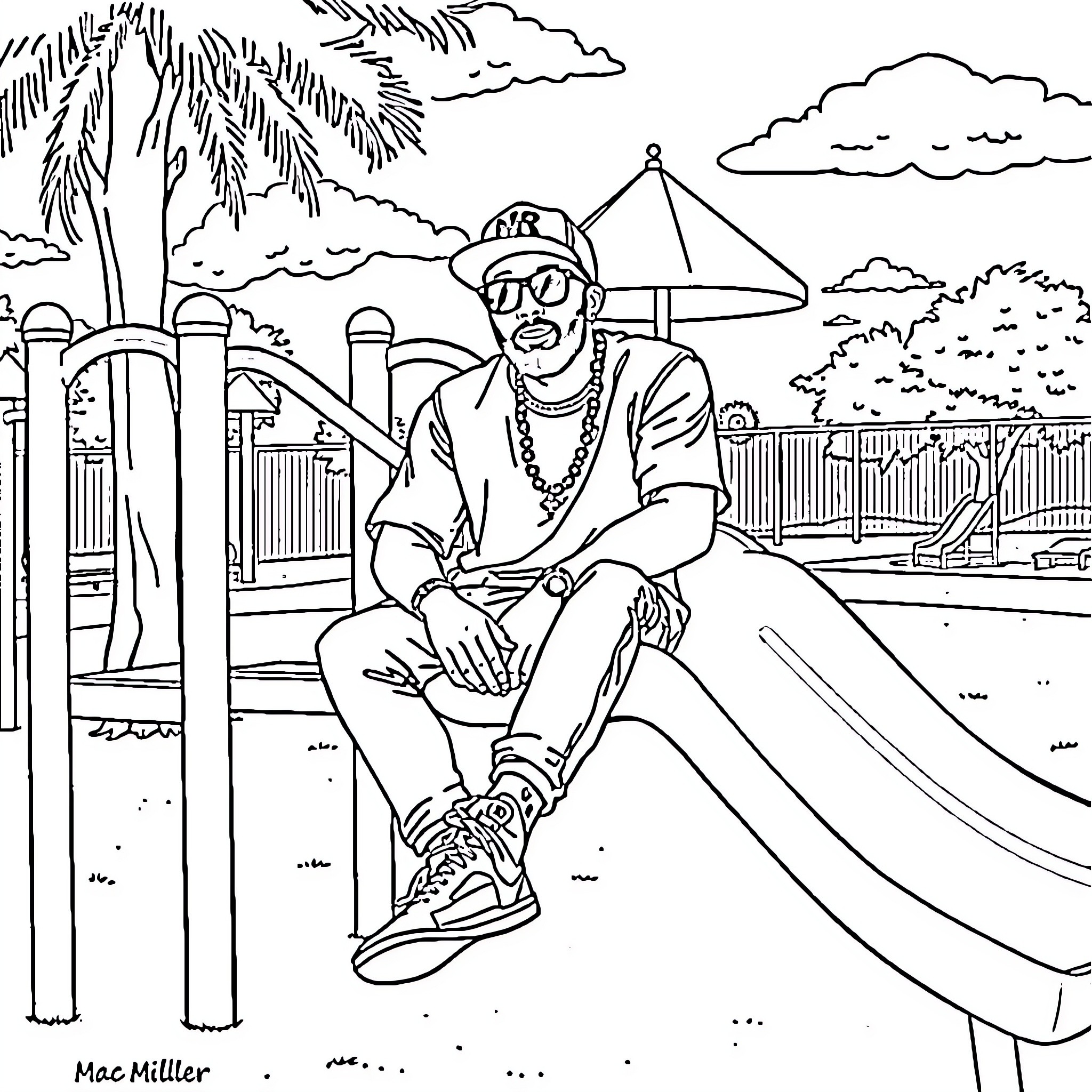 Mac Miller relaxing at the beach Coloring Page (free black-and-white line drawing printable PDF for all, from beginners to advanced learners, including children, teens, adults, and seniors)