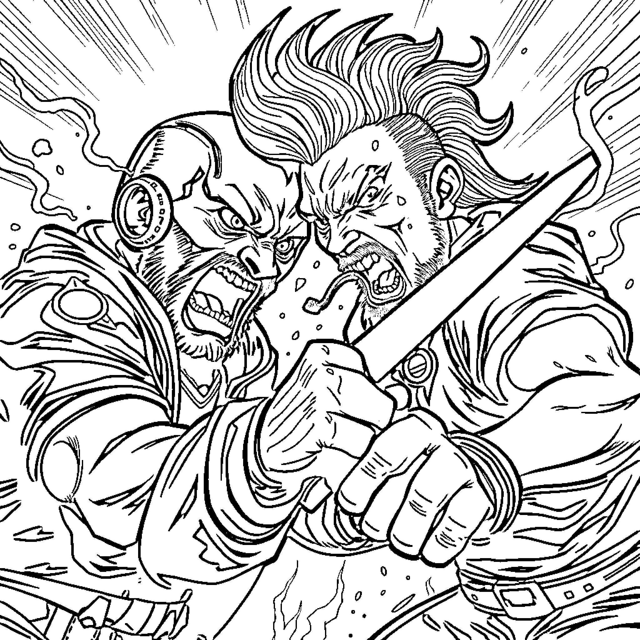 Guest Engaged in Intense Heroic Battle Coloring Page (free black-and-white line drawing printable PDF for all, from beginners to advanced learners, including children, teens, adults, and seniors)
