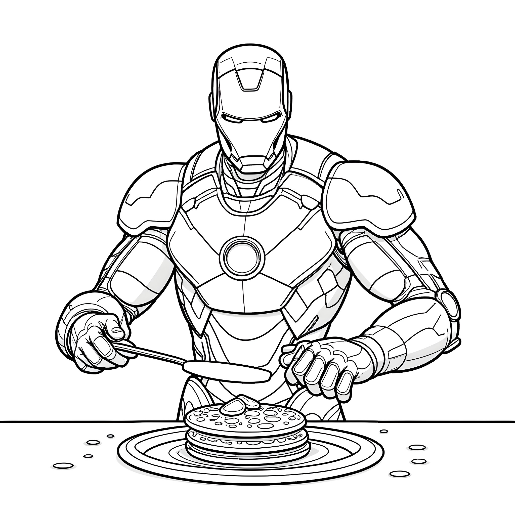 Iron Man wielding holographic technology Coloring Page (free black-and-white line drawing printable PDF for all, from beginners to advanced learners, including children, teens, adults, and seniors)