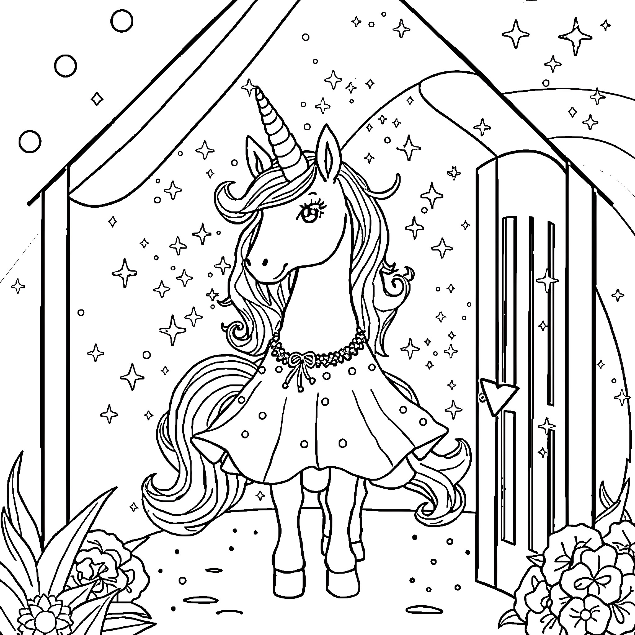 Unicorn Adorned with Sparkles and Flowers Coloring Page (free black-and-white line drawing printable PDF for all, from beginners to advanced learners, including children, teens, adults, and seniors)