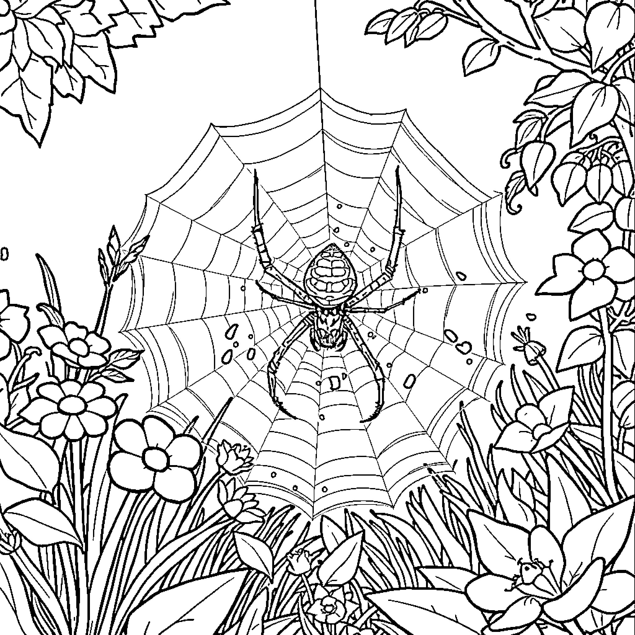 Spider weaving intricate web in nature's garden Coloring Page (free black-and-white line drawing printable PDF for all, from beginners to advanced learners, including children, teens, adults, and seniors)