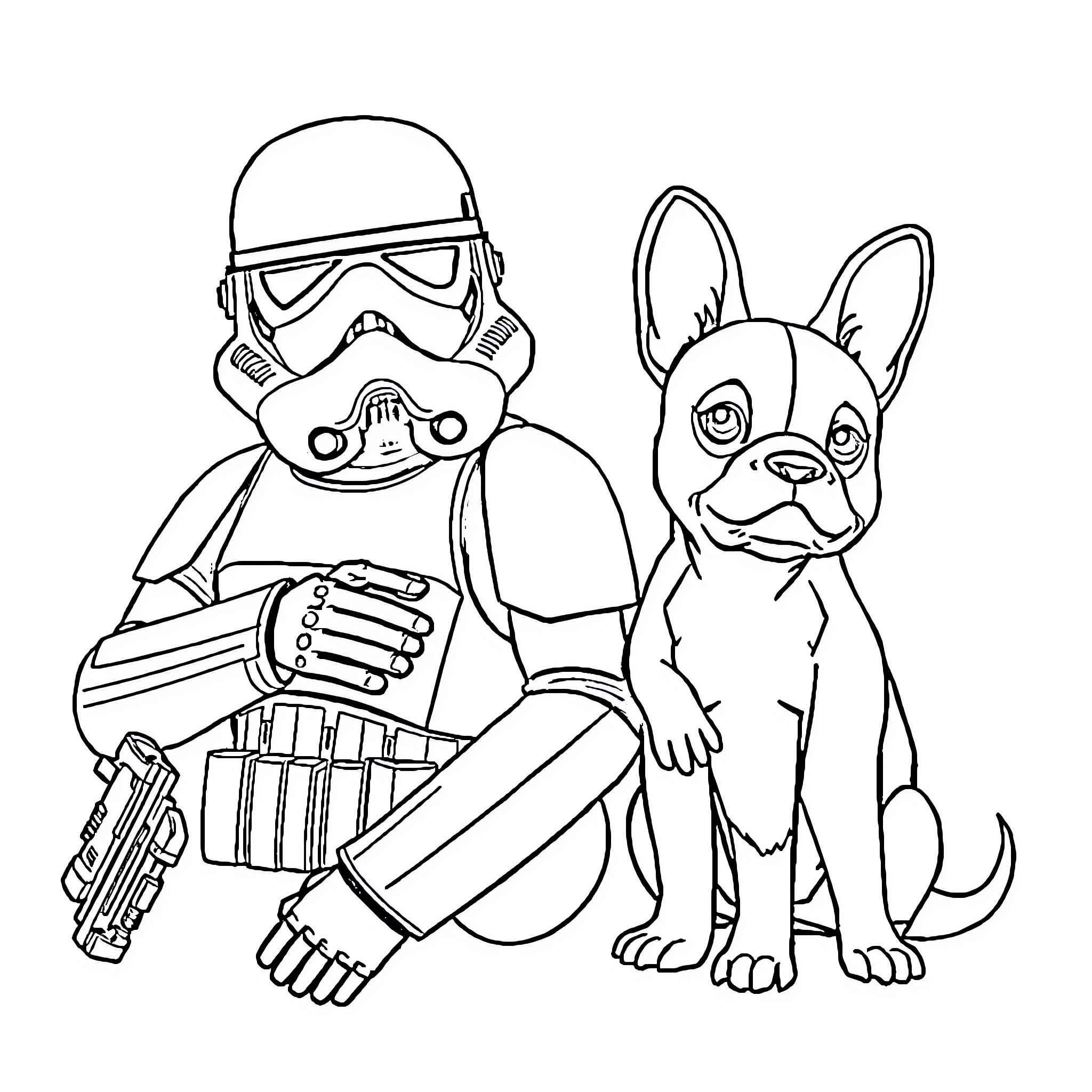 Dachshund and Stormtrooper in Friendly Encounter Coloring Page (free black-and-white line drawing printable PDF for all, from beginners to advanced learners, including children, teens, adults, and seniors)