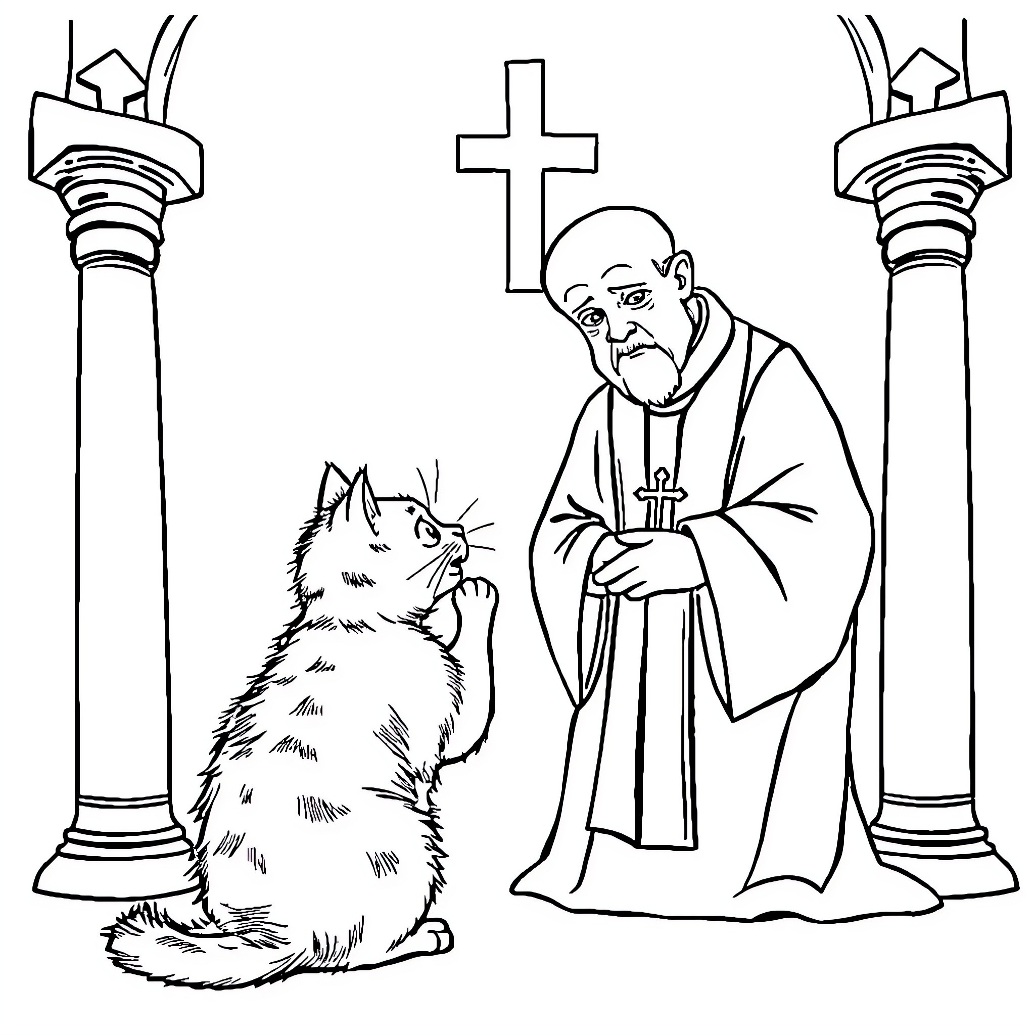 Cat attending religious ceremony with priest Coloring Page (free black-and-white line drawing printable PDF for all, from beginners to advanced learners, including children, teens, adults, and seniors)