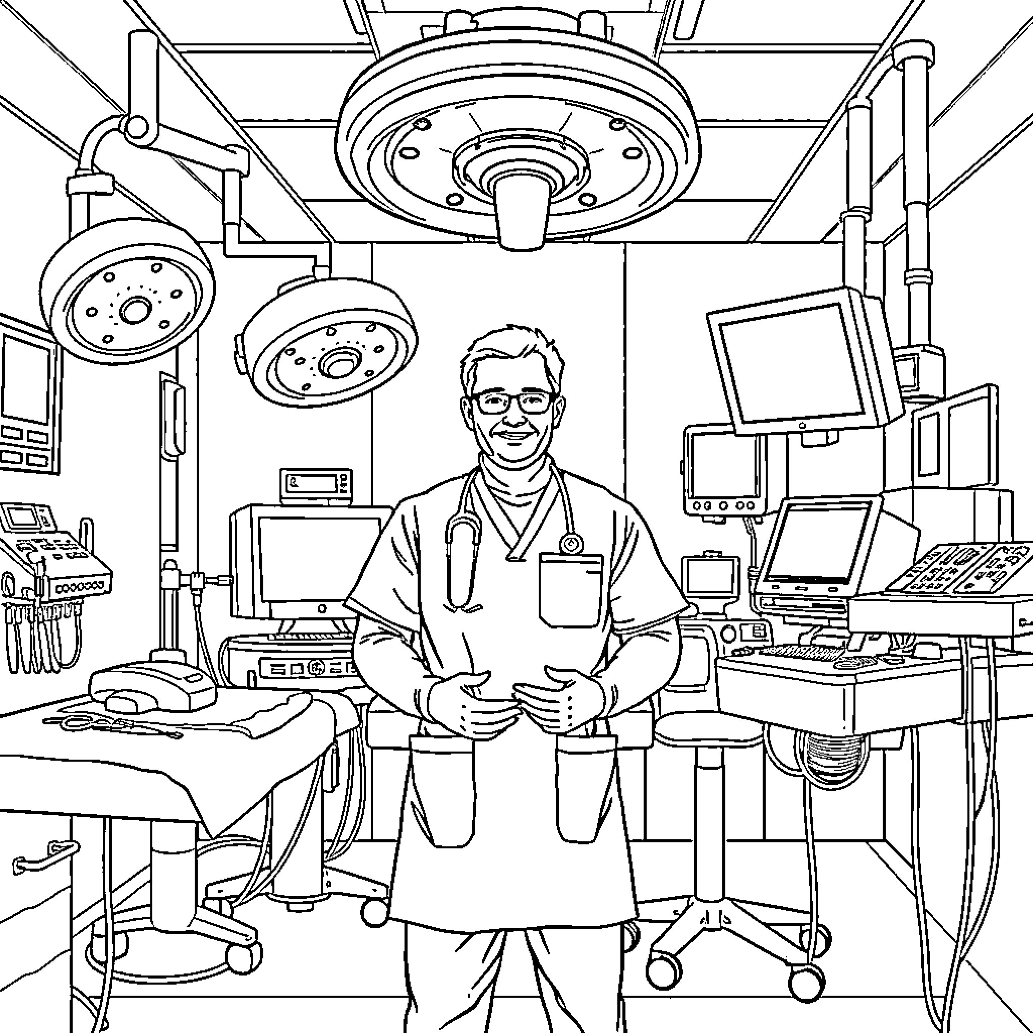 Urologist in a well-equipped medical examination room Coloring Page (free black-and-white line drawing printable PDF for all, from beginners to advanced learners, including children, teens, adults, and seniors)