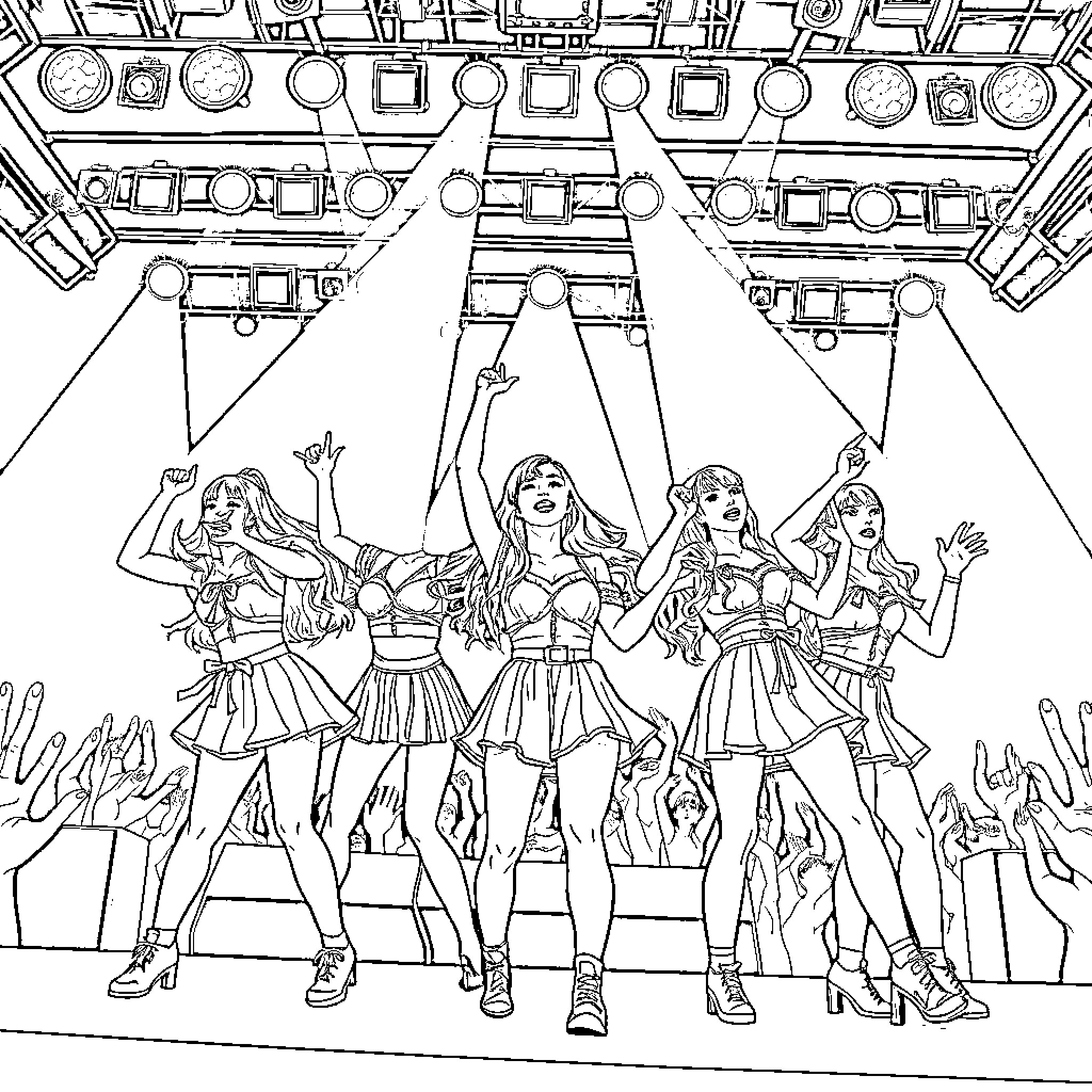 K Pop Warrior Four Singers on Stage with Audience Coloring Page (free black-and-white line drawing printable PDF for all, from beginners to advanced learners, including children, teens, adults, and seniors)