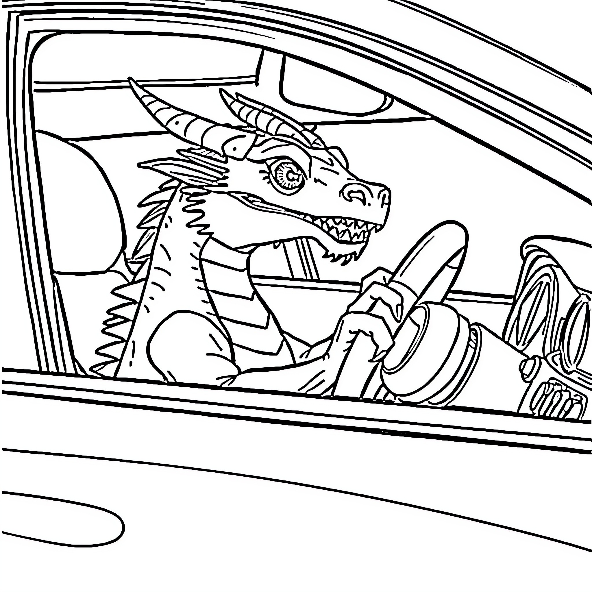 Dragon driving a fast car with intensity Coloring Page (free black-and-white line drawing printable PDF for all, from beginners to advanced learners, including children, teens, adults, and seniors)