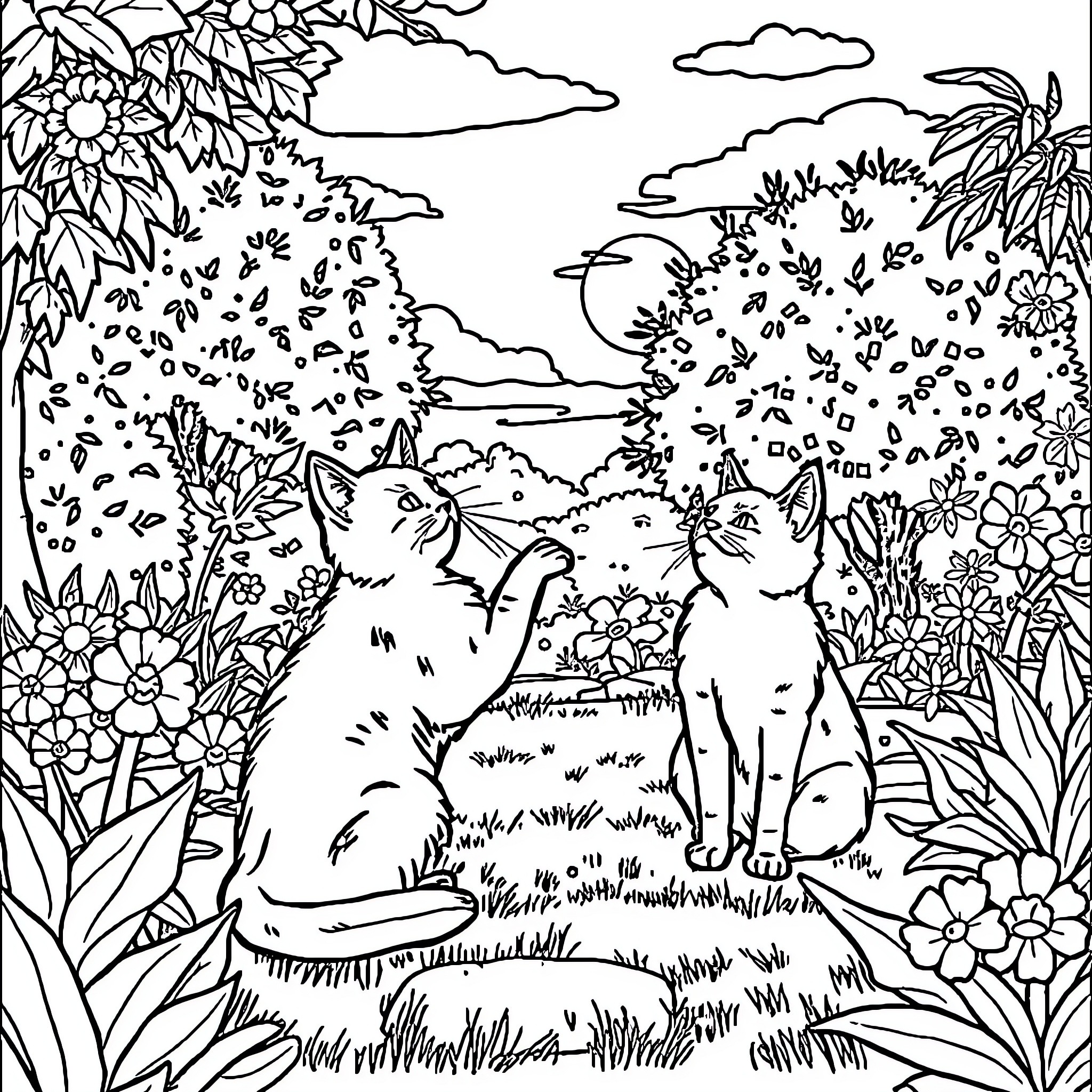 Cats exploring a lush garden landscape Coloring Page (free black-and-white line drawing printable PDF for all, from beginners to advanced learners, including children, teens, adults, and seniors)