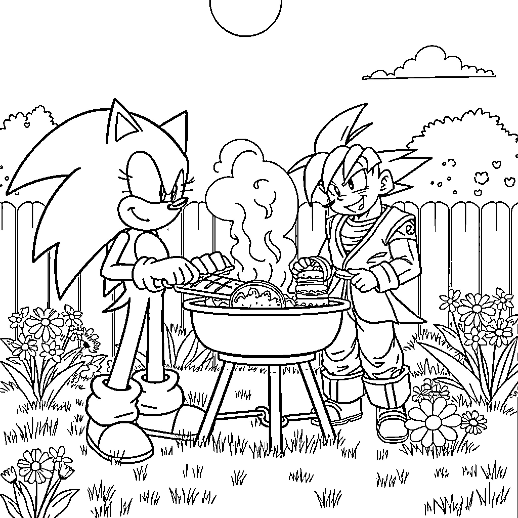Sonic and Goku Enjoying an Outdoor Barbeque Coloring Page (free black-and-white line drawing printable PDF for all, from beginners to advanced learners, including children, teens, adults, and seniors)