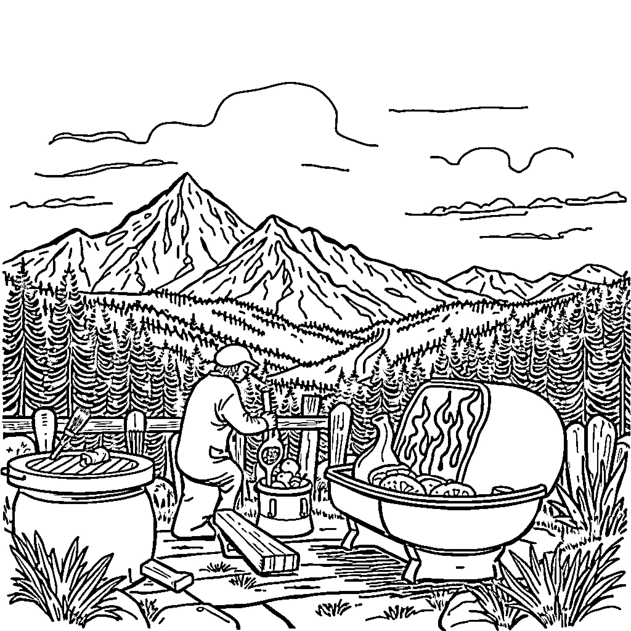 BBQ in the scenic mountain landscape Coloring Page (free black-and-white line drawing printable PDF for all, from beginners to advanced learners, including children, teens, adults, and seniors)