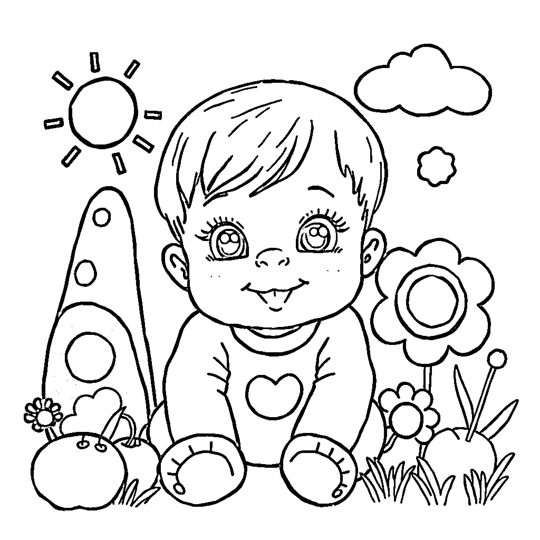 Drawing of a cheerful child surrounded by nature Coloring Page (free black-and-white line drawing printable PDF for all, from beginners to advanced learners, including children, teens, adults, and seniors)