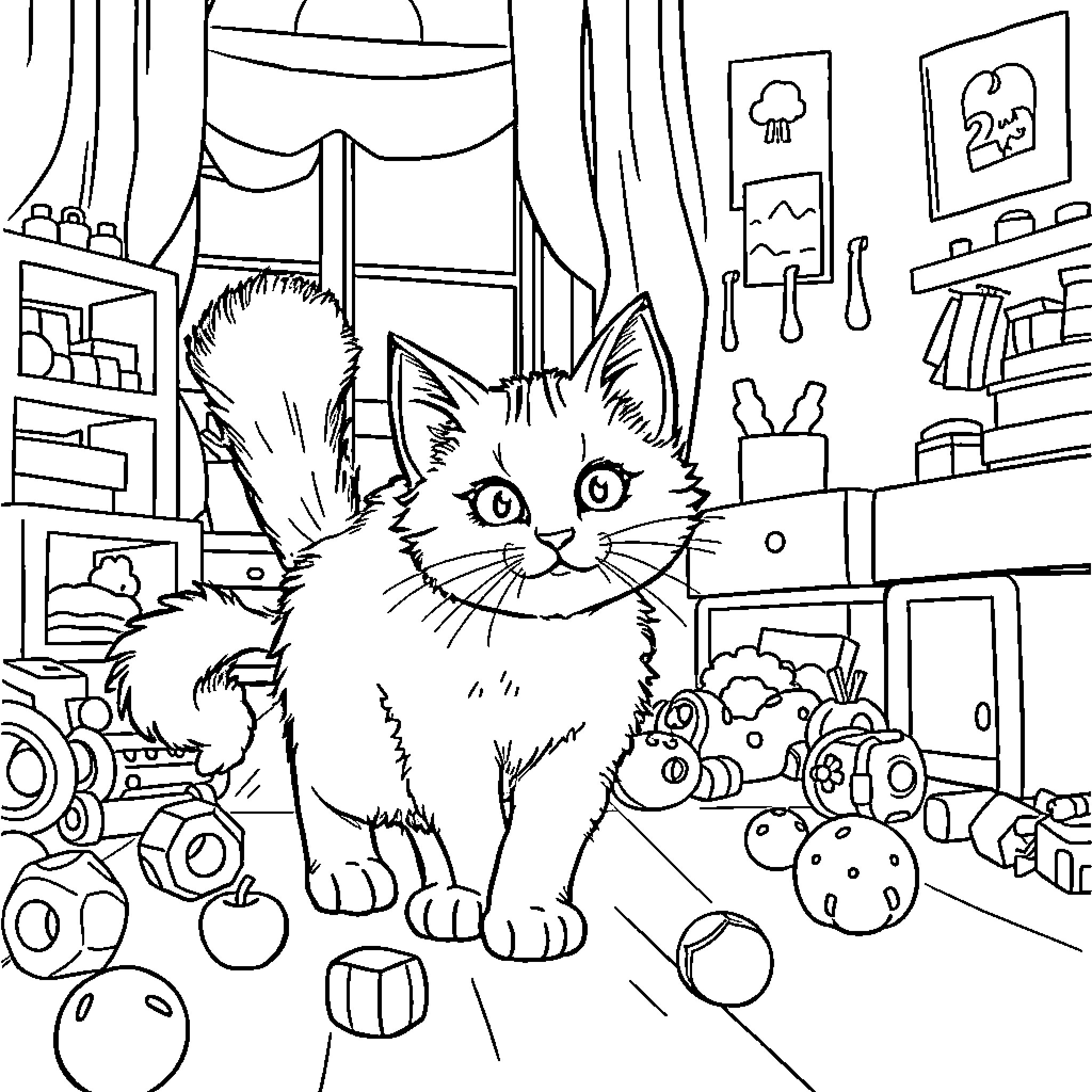 Maček Muri exploring a messy room full of toys Coloring Page (free black-and-white line drawing printable PDF for all, from beginners to advanced learners, including children, teens, adults, and seniors)