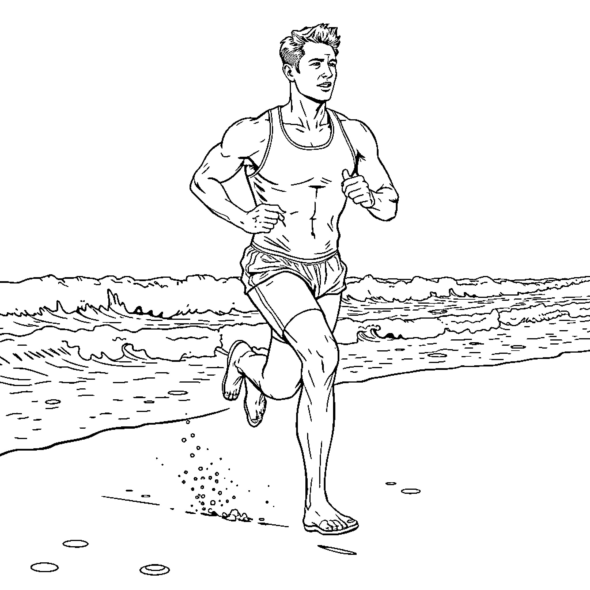 Man running energetically on the beach Coloring Page (free black-and-white line drawing printable PDF for all, from beginners to advanced learners, including children, teens, adults, and seniors)