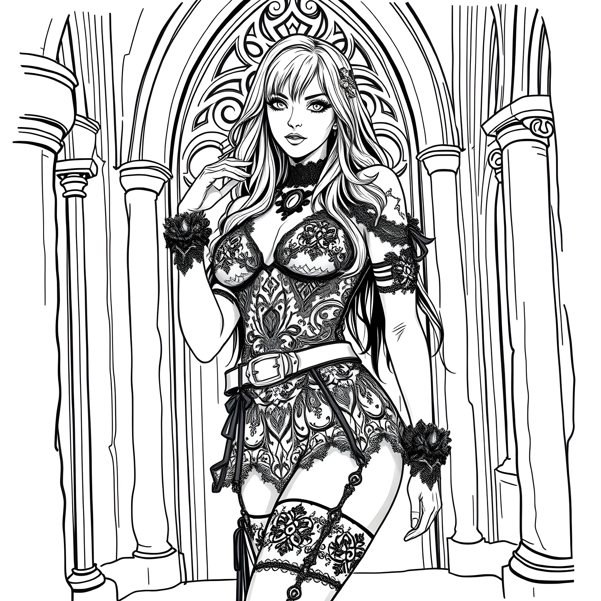 Goth Warrior Princess in Opulent Cathedral Coloring Page (free black-and-white line drawing printable PDF for all, from beginners to advanced learners, including children, teens, adults, and seniors)