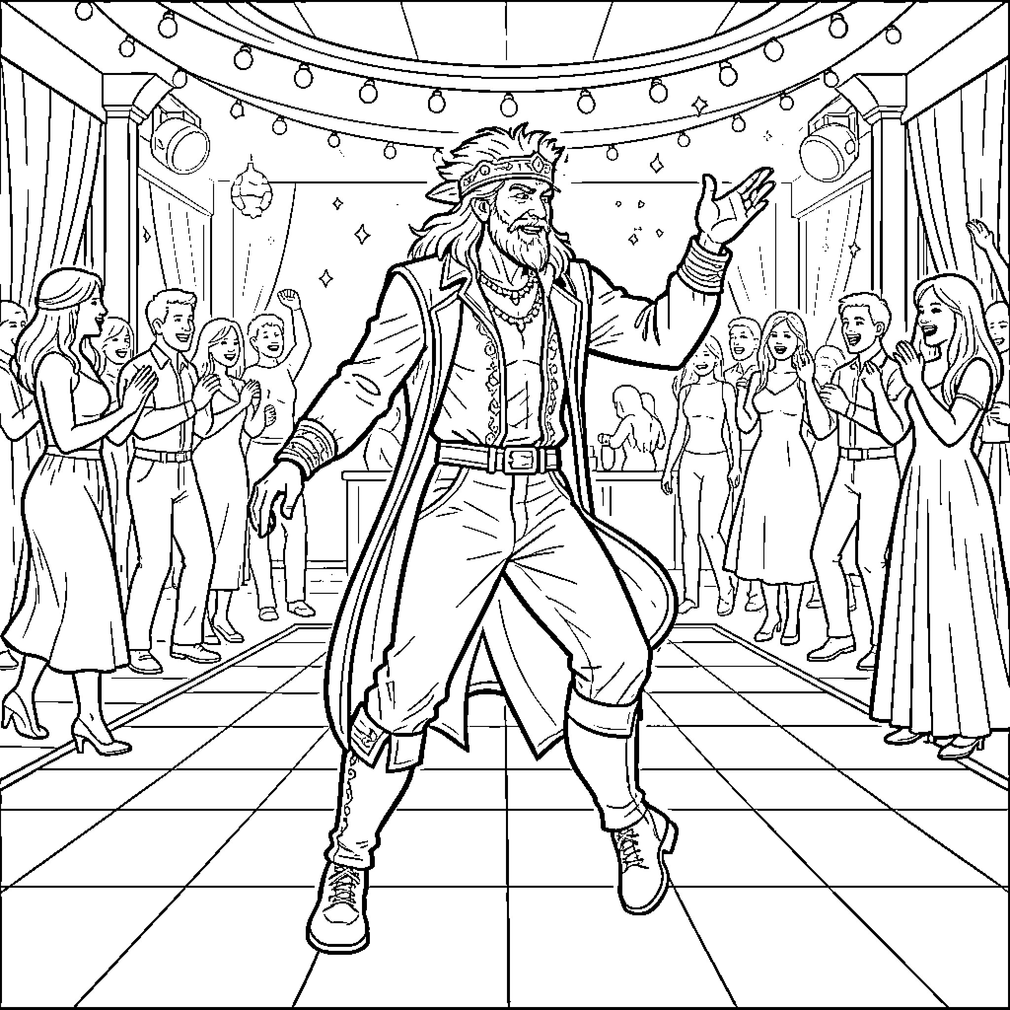 Gorgy performing a lively dance on a stage Coloring Page (free black-and-white line drawing printable PDF for all, from beginners to advanced learners, including children, teens, adults, and seniors)