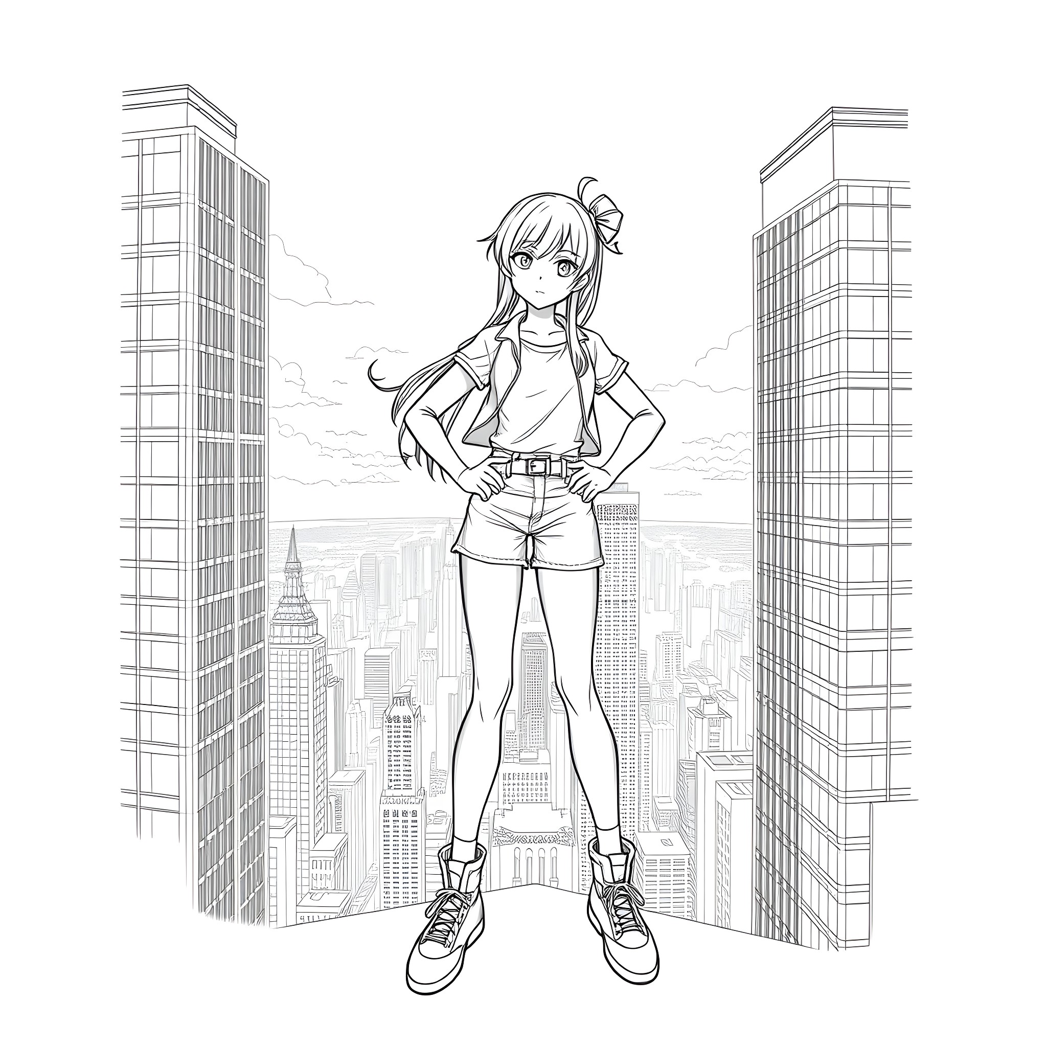 Anime Girl Posing in Urban Cityscape Coloring Page (free black-and-white line drawing printable PDF for all, from beginners to advanced learners, including children, teens, adults, and seniors)