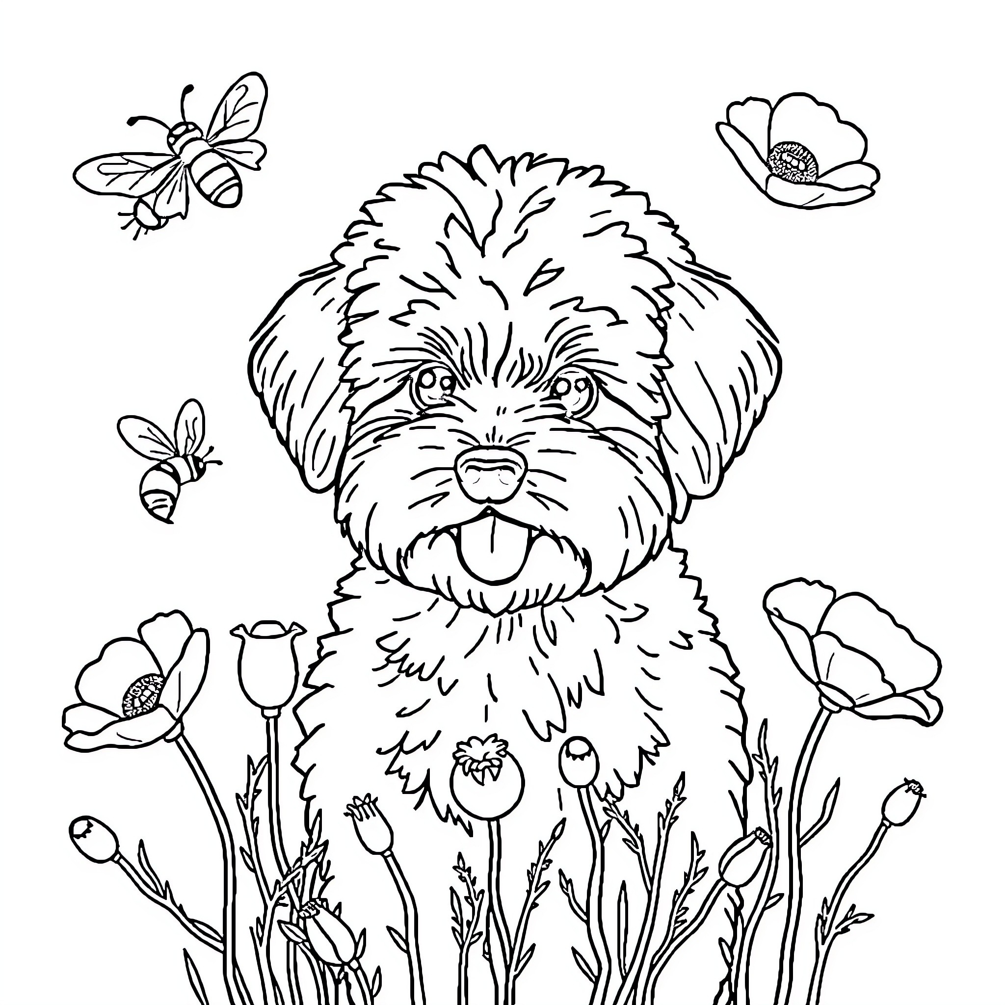 Bumble Bee and the Playful Pup in Floral Garden Coloring Page (free black-and-white line drawing printable PDF for all, from beginners to advanced learners, including children, teens, adults, and seniors)