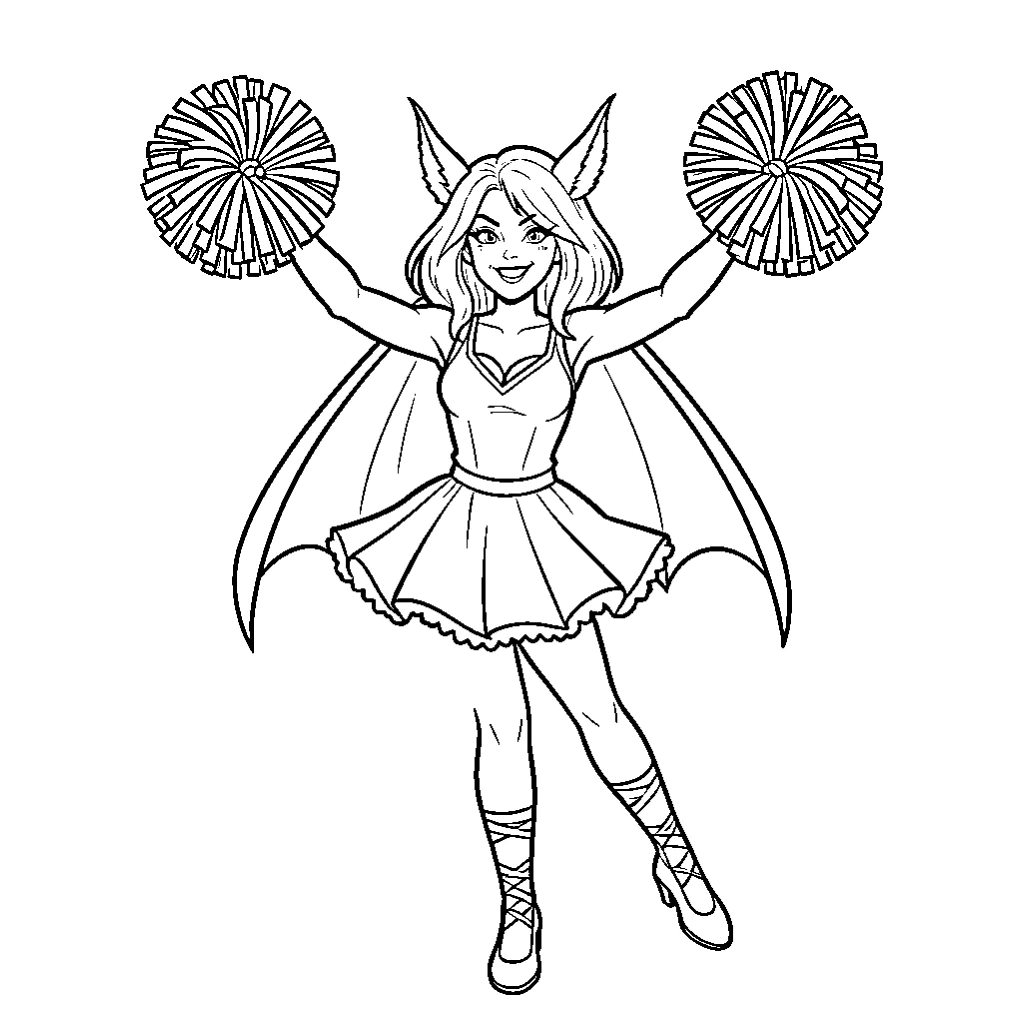 Vampire cheerleader performing a spirited dance routine Coloring Page (free black-and-white line drawing printable PDF for all, from beginners to advanced learners, including children, teens, adults, and seniors)