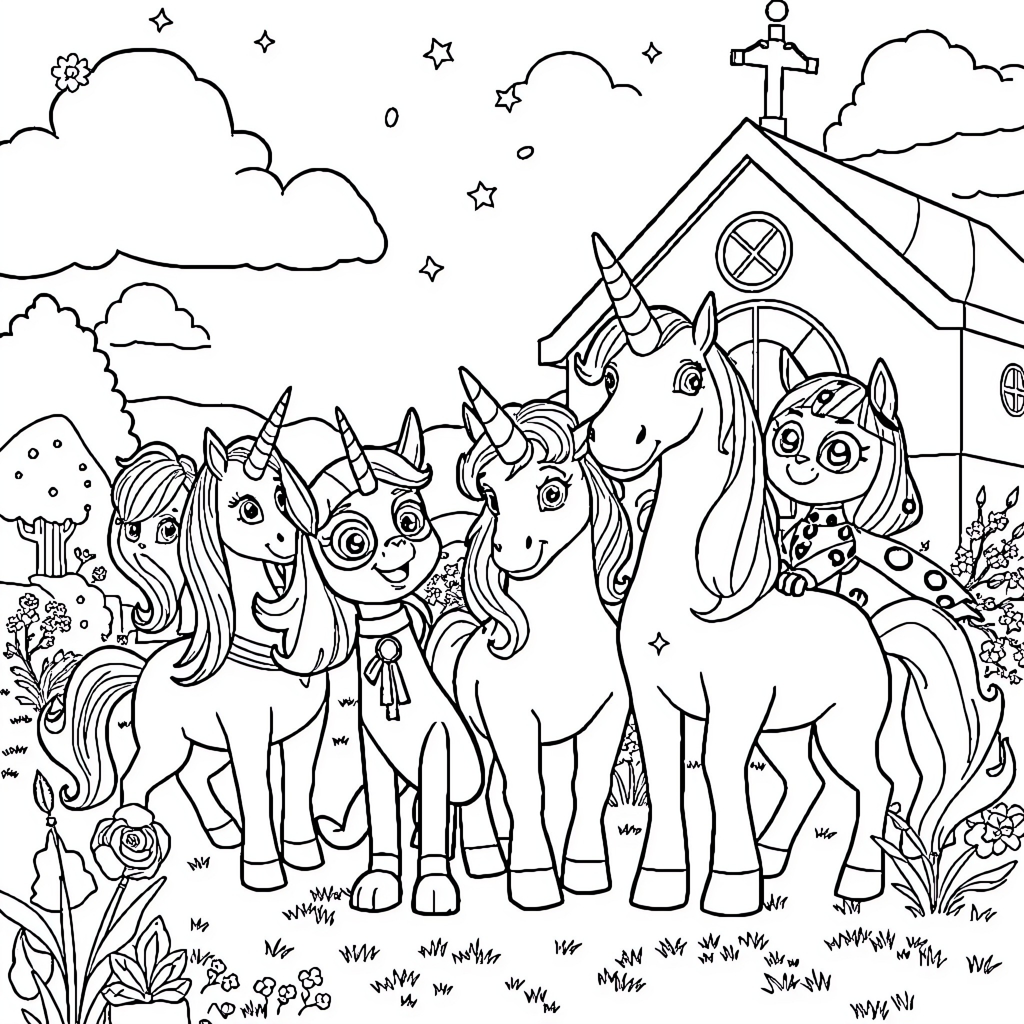 Unicorn Gathering at the Enchanted Church Coloring Page (free black-and-white line drawing printable PDF for all, from beginners to advanced learners, including children, teens, adults, and seniors)