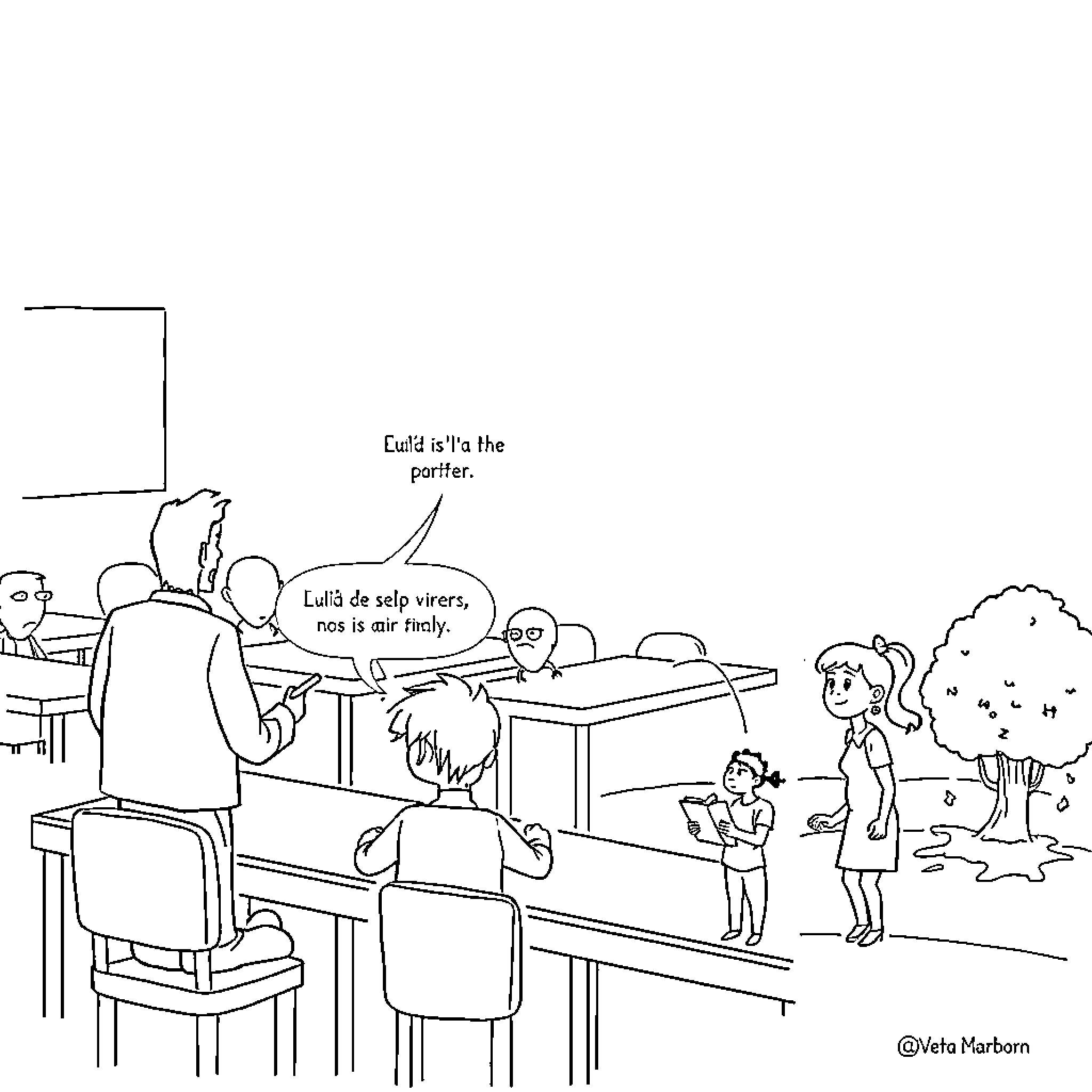Estudiante en una escena escolar con compañeros Coloring Page (free black-and-white line drawing printable PDF for all, from beginners to advanced learners, including children, teens, adults, and seniors)