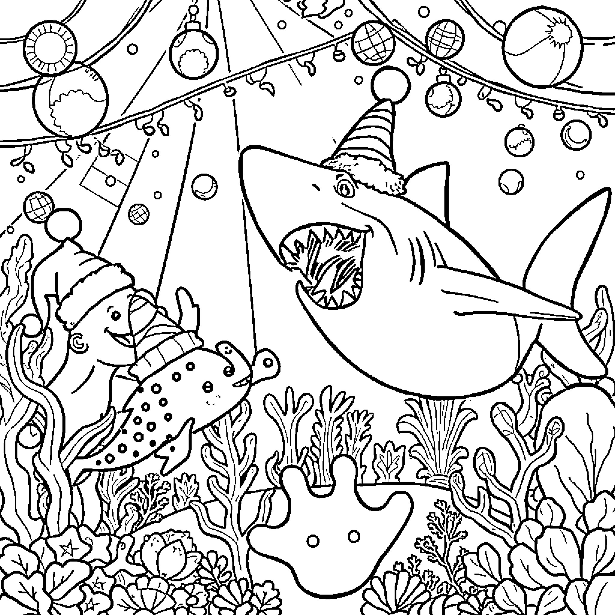 Shark swimming among colorful underwater coral reef Coloring Page (free black-and-white line drawing printable PDF for all, from beginners to advanced learners, including children, teens, adults, and seniors)