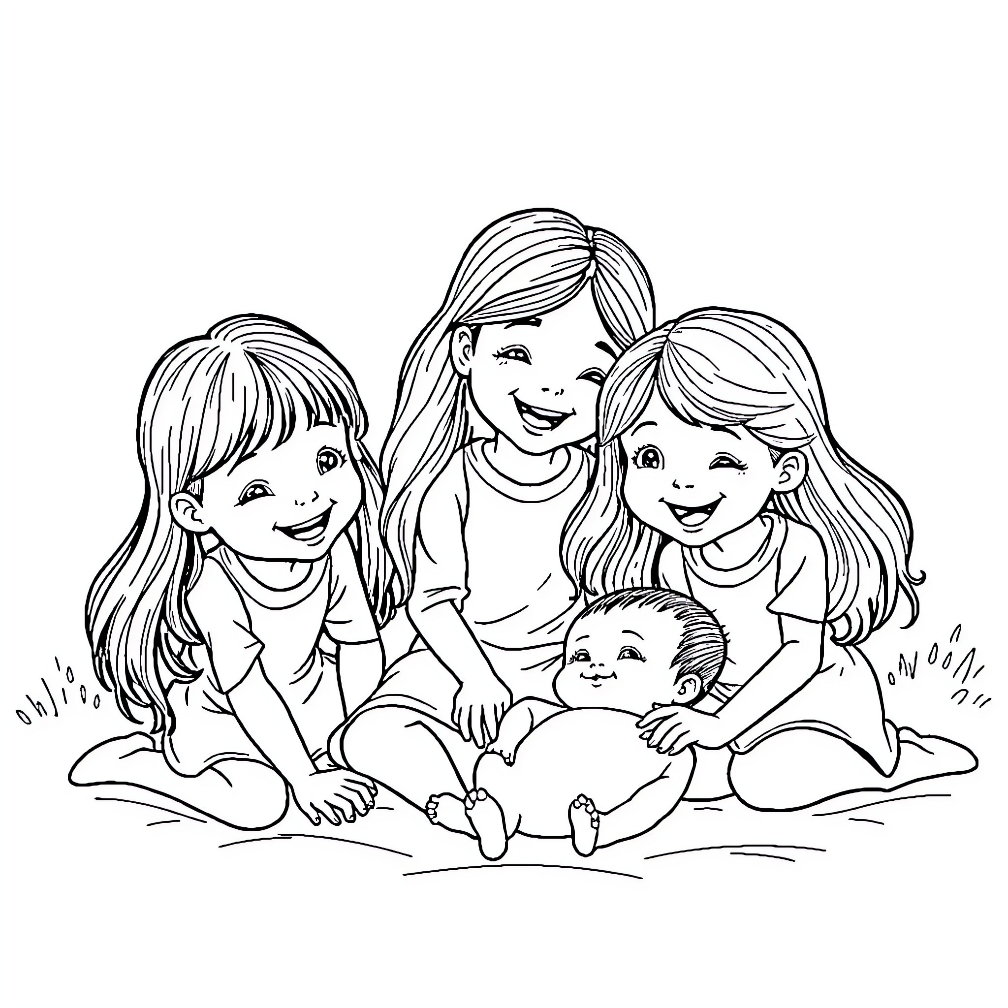 Sister's joyful gathering with family Coloring Page (free black-and-white line drawing printable PDF for all, from beginners to advanced learners, including children, teens, adults, and seniors)