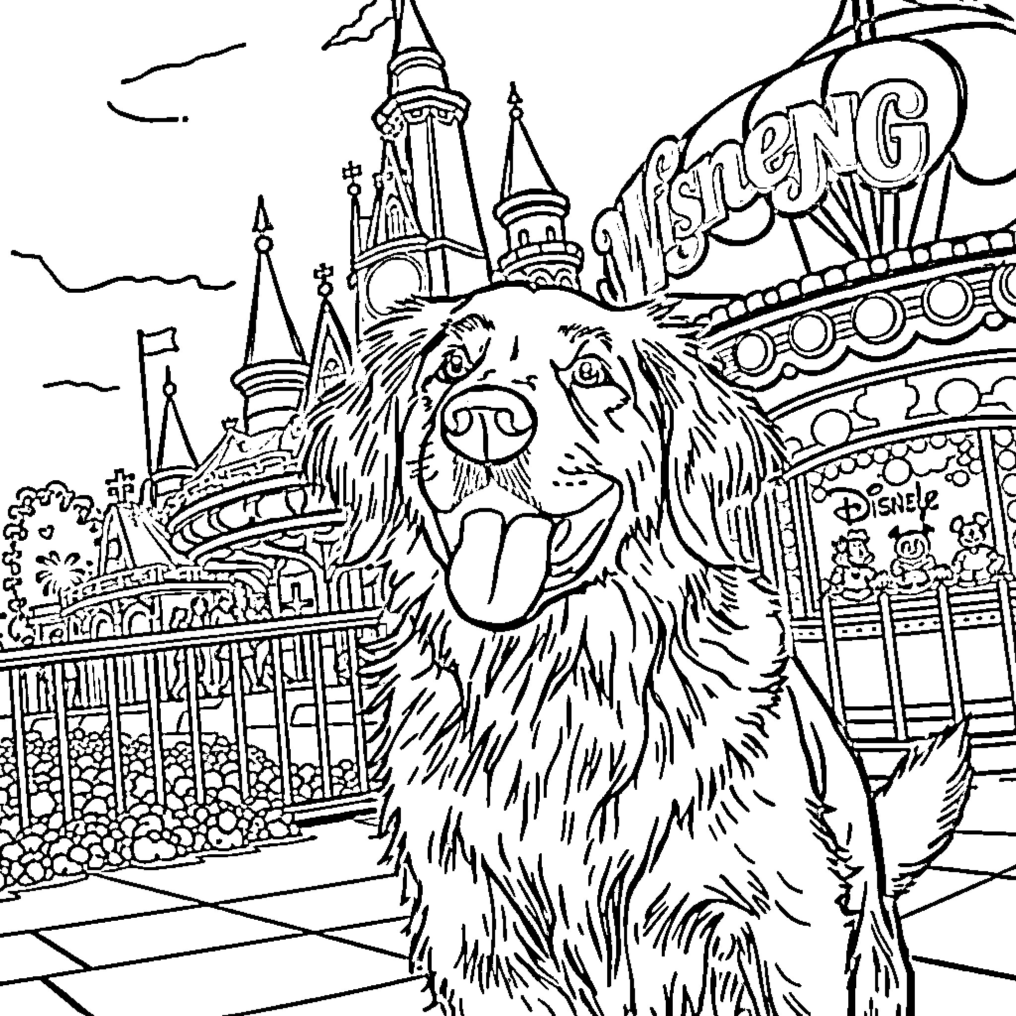 Golden Retriever enjoying the sights at Disney Coloring Page (free black-and-white line drawing printable PDF for all, from beginners to advanced learners, including children, teens, adults, and seniors)