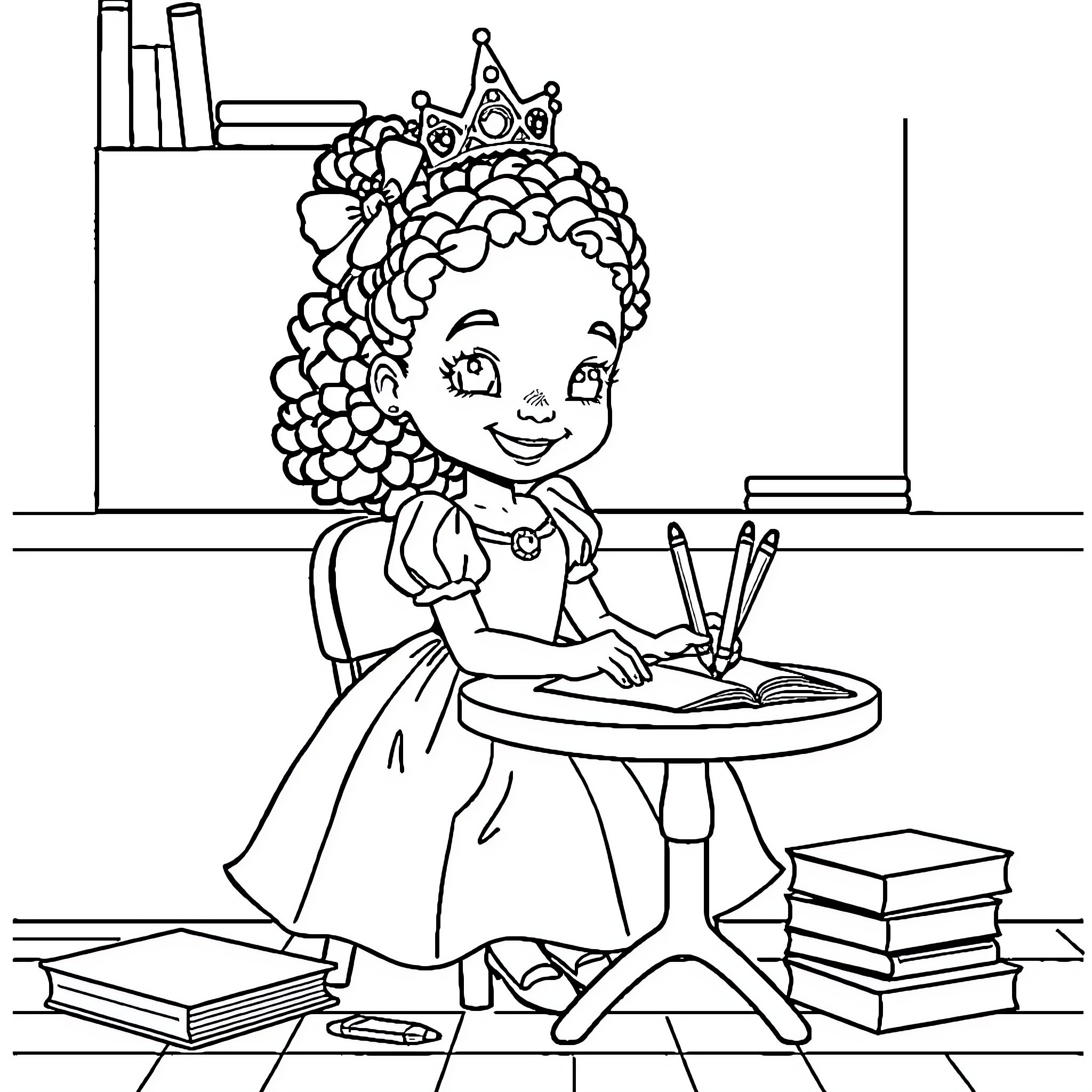 Girl studying diligently in her room Coloring Page (free black-and-white line drawing printable PDF for all, from beginners to advanced learners, including children, teens, adults, and seniors)