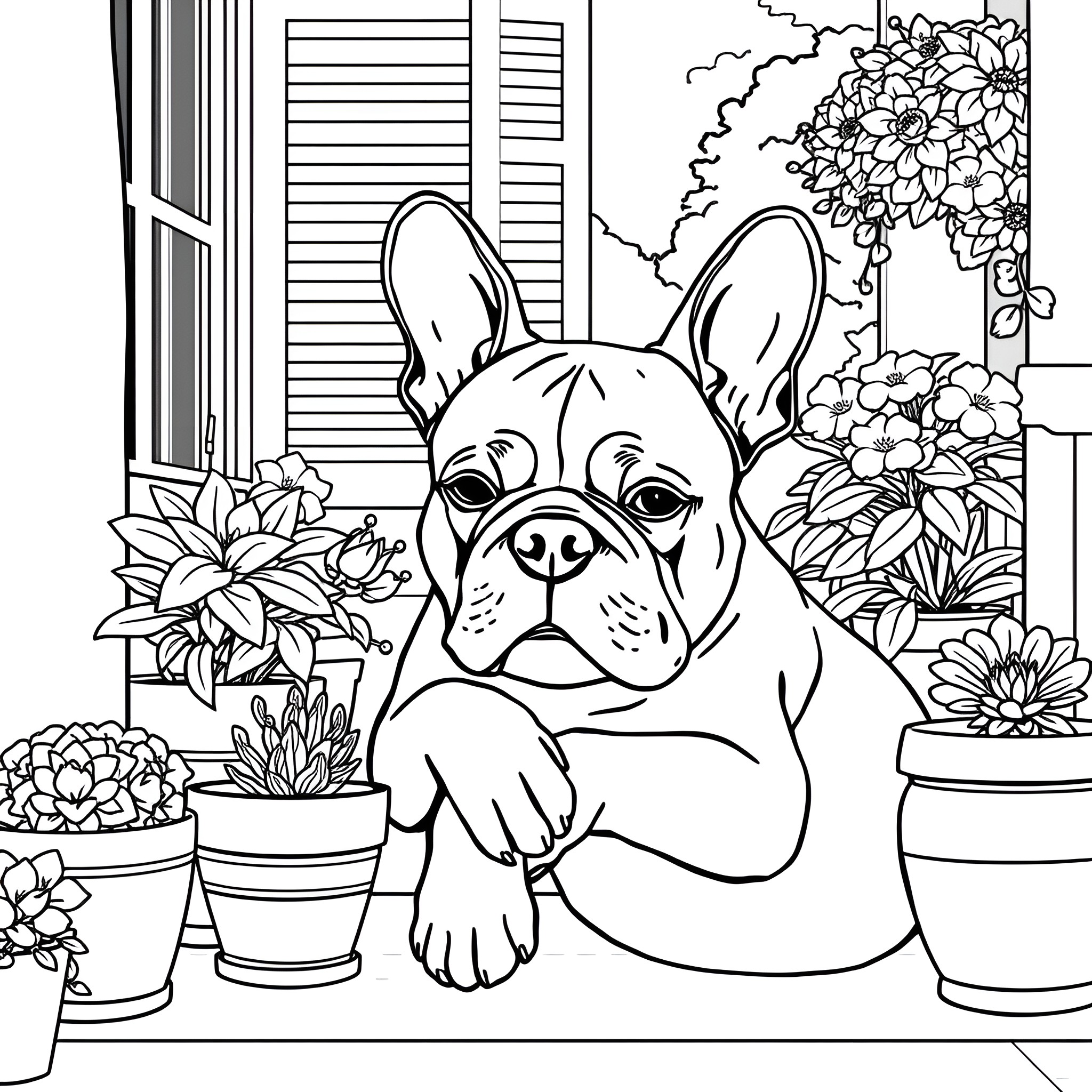 French Bulldog enjoying the garden scenery Coloring Page (free black-and-white line drawing printable PDF for all, from beginners to advanced learners, including children, teens, adults, and seniors)