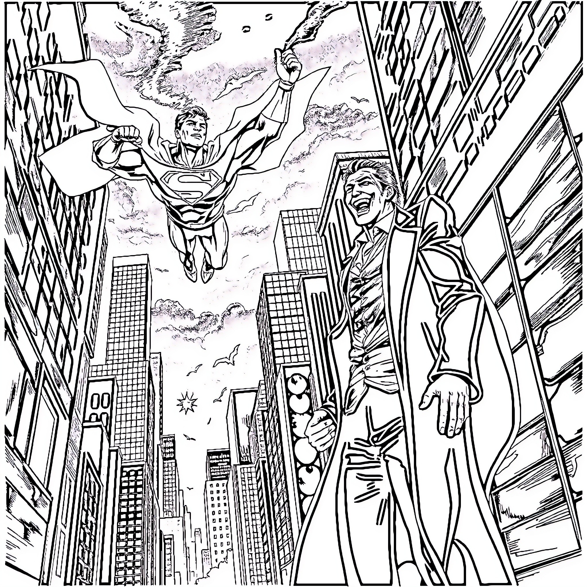 Superman soaring over the city with a civilian Coloring Page (free black-and-white line drawing printable PDF for all, from beginners to advanced learners, including children, teens, adults, and seniors)