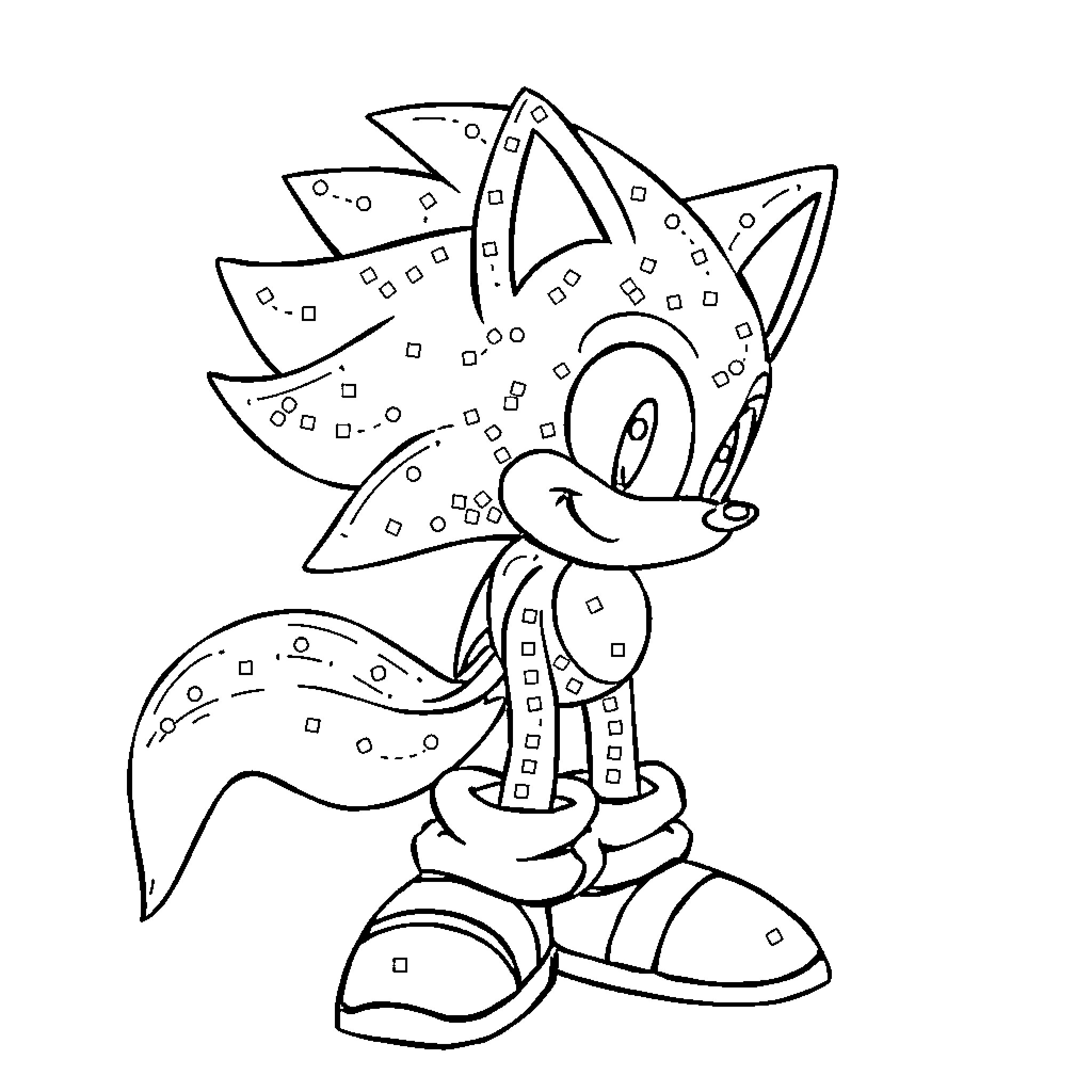 Tails the Energetic Hedgehog Character Coloring Page (free black-and-white line drawing printable PDF for all, from beginners to advanced learners, including children, teens, adults, and seniors)