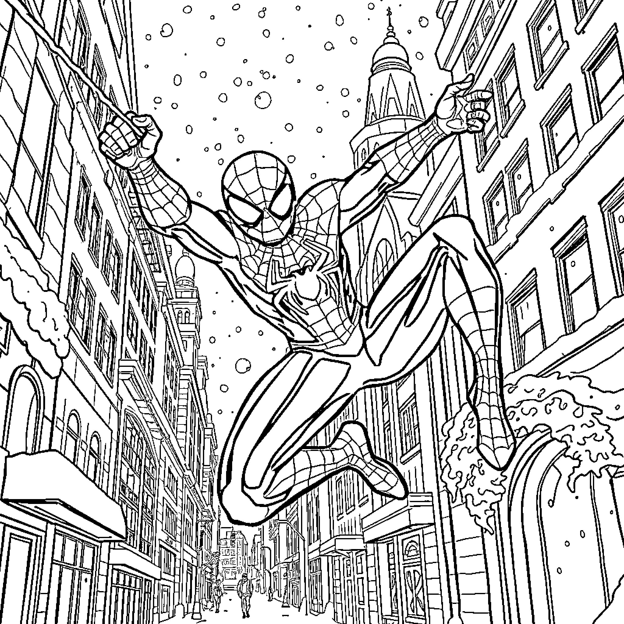 Spiderman swinging through the snowy city streets Coloring Page (free black-and-white line drawing printable PDF for all, from beginners to advanced learners, including children, teens, adults, and seniors)