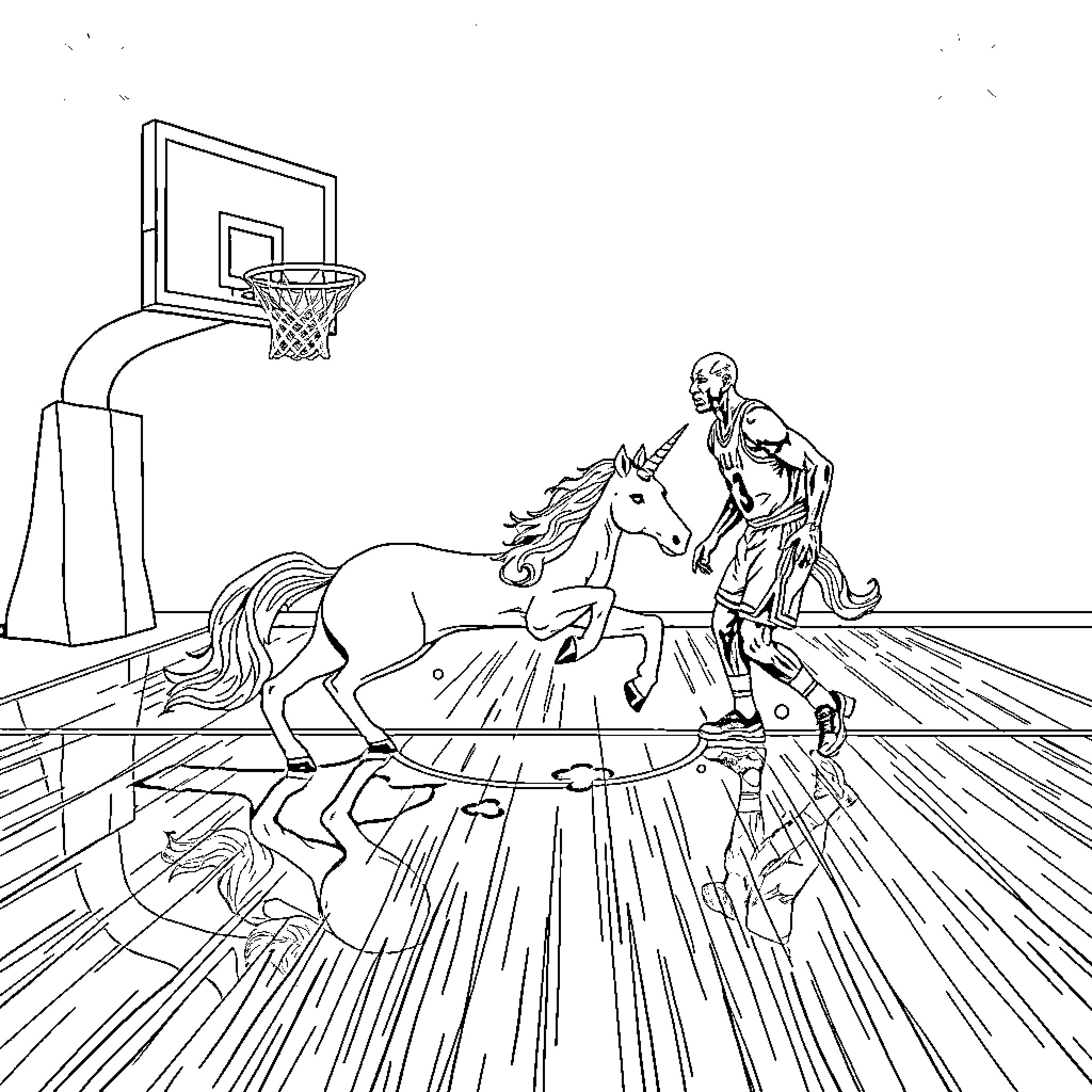 Unicorn racing swiftly on a basketball court Coloring Page (free black-and-white line drawing printable PDF for all, from beginners to advanced learners, including children, teens, adults, and seniors)