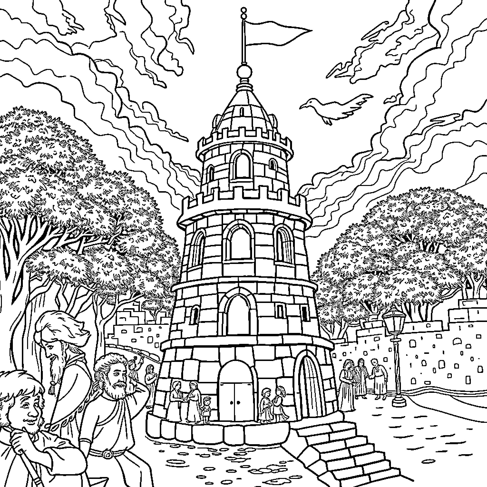 Tower of Babel with people gathered around Coloring Page (free black-and-white line drawing printable PDF for all, from beginners to advanced learners, including children, teens, adults, and seniors)