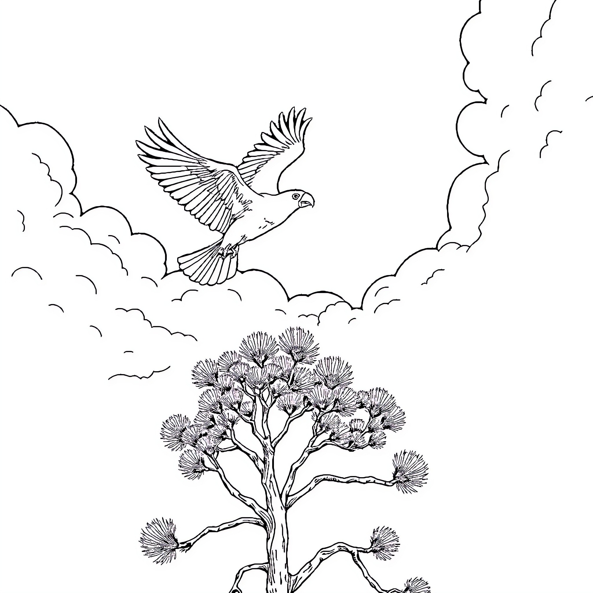 Cockatoo soaring gracefully among clouds and nature Coloring Page (free black-and-white line drawing printable PDF for all, from beginners to advanced learners, including children, teens, adults, and seniors)