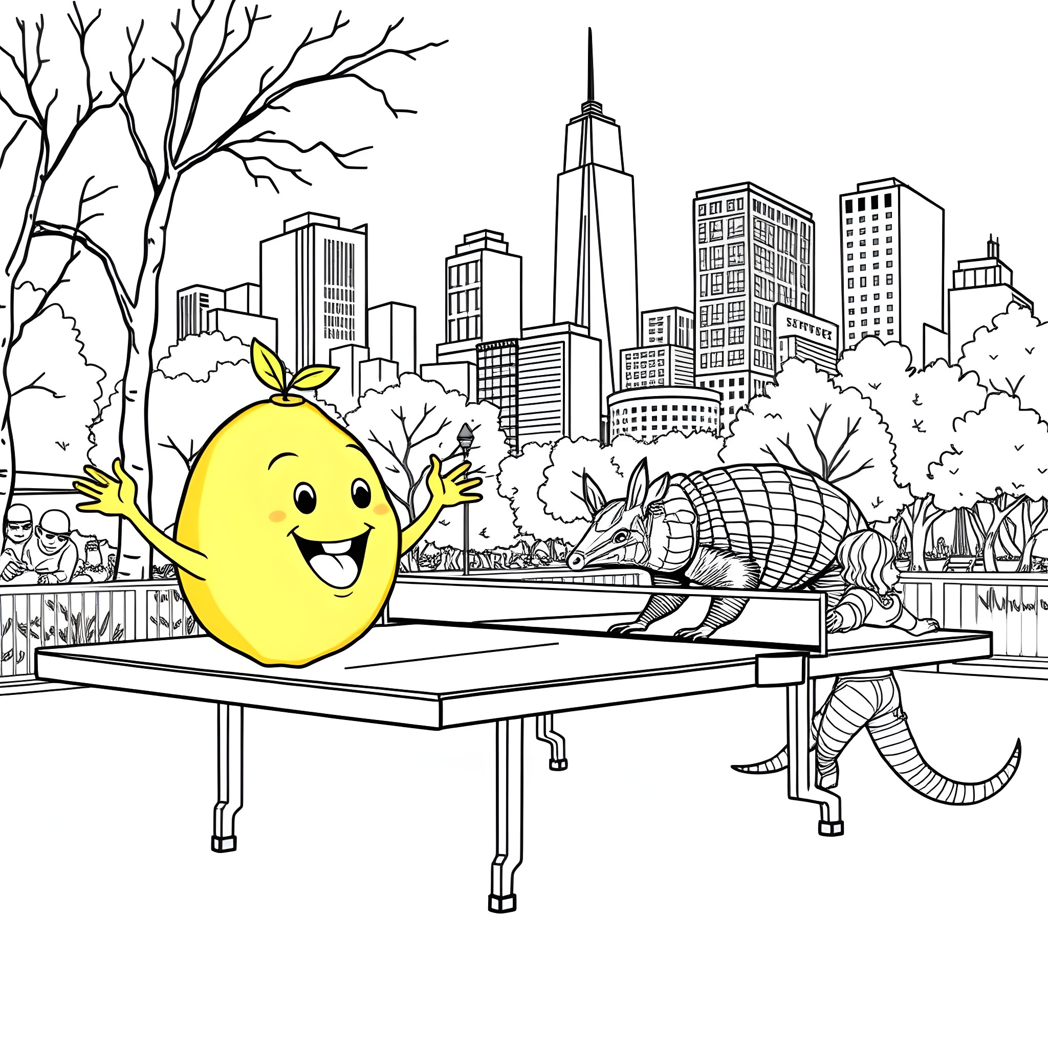 Lemon Enjoying the City Skyline Coloring Page (free black-and-white line drawing printable PDF for all, from beginners to advanced learners, including children, teens, adults, and seniors)