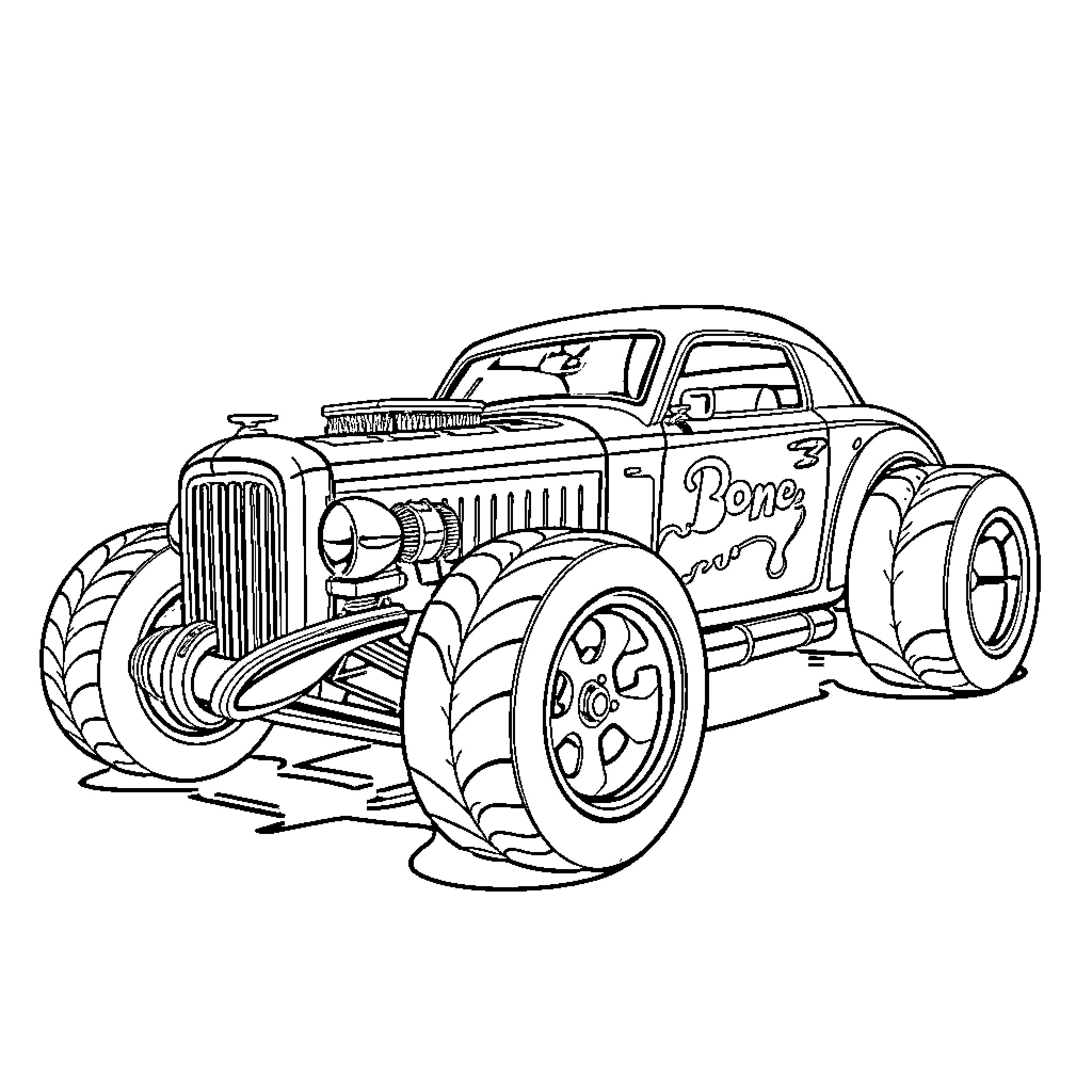 Bone Shaker: Vintage Hot Rod with Oversized Wheels Coloring Page (free black-and-white line drawing printable PDF for all, from beginners to advanced learners, including children, teens, adults, and seniors)