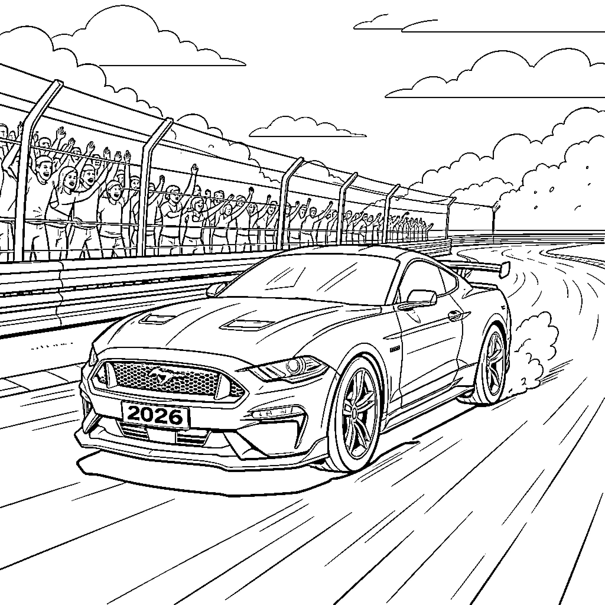 Ford Mustang speeding past cheering crowds at a race track Coloring Page (free black-and-white line drawing printable PDF for all, from beginners to advanced learners, including children, teens, adults, and seniors)