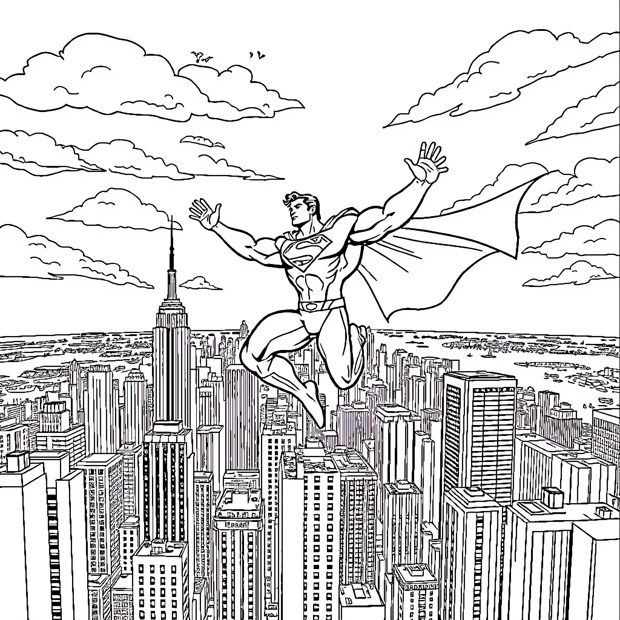 Superman soaring over the cityscape with outstretched arms Coloring Page (free black-and-white line drawing printable PDF for all, from beginners to advanced learners, including children, teens, adults, and seniors)