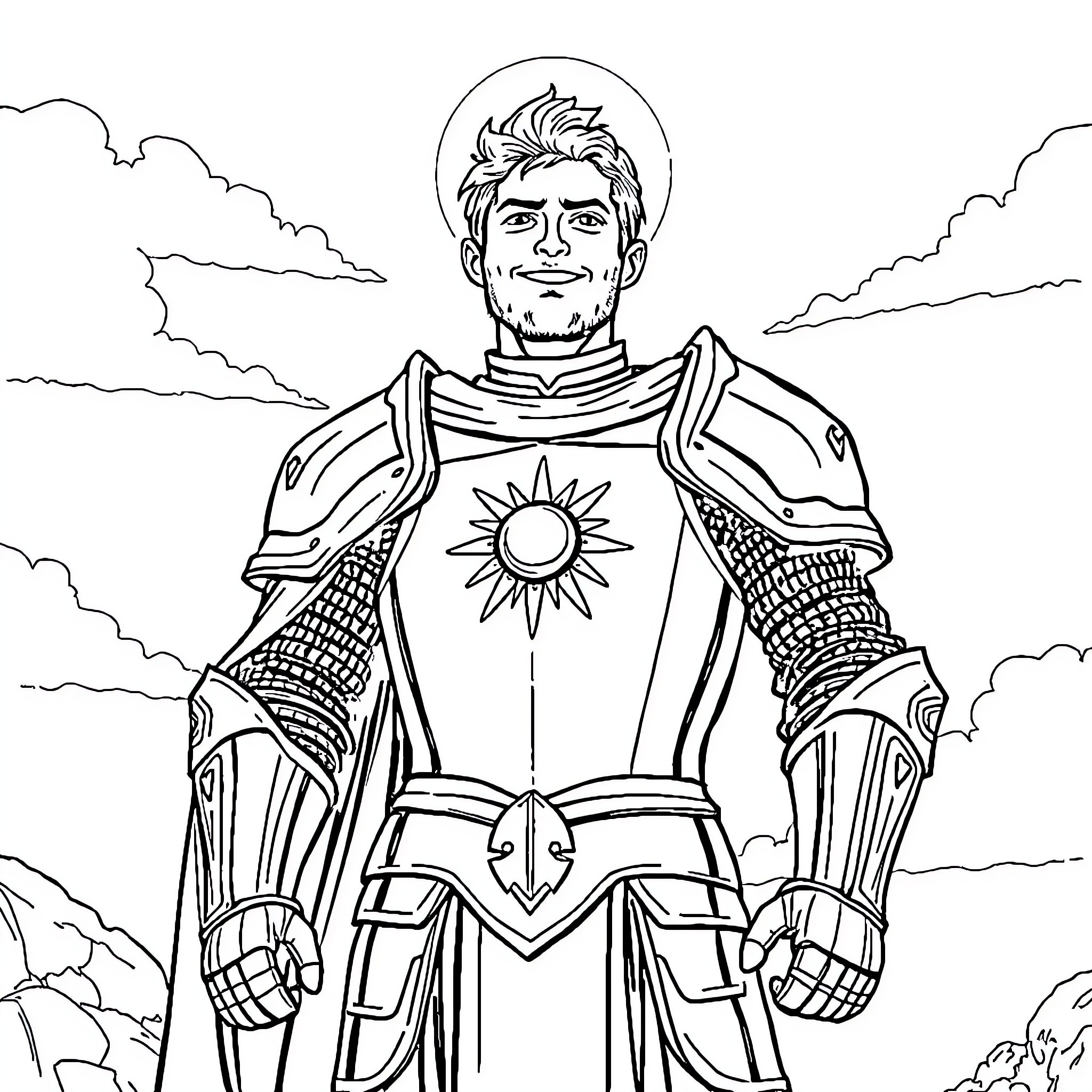 Solaire of Astora in Radiant Warrior Pose Coloring Page (free black-and-white line drawing printable PDF for all, from beginners to advanced learners, including children, teens, adults, and seniors)