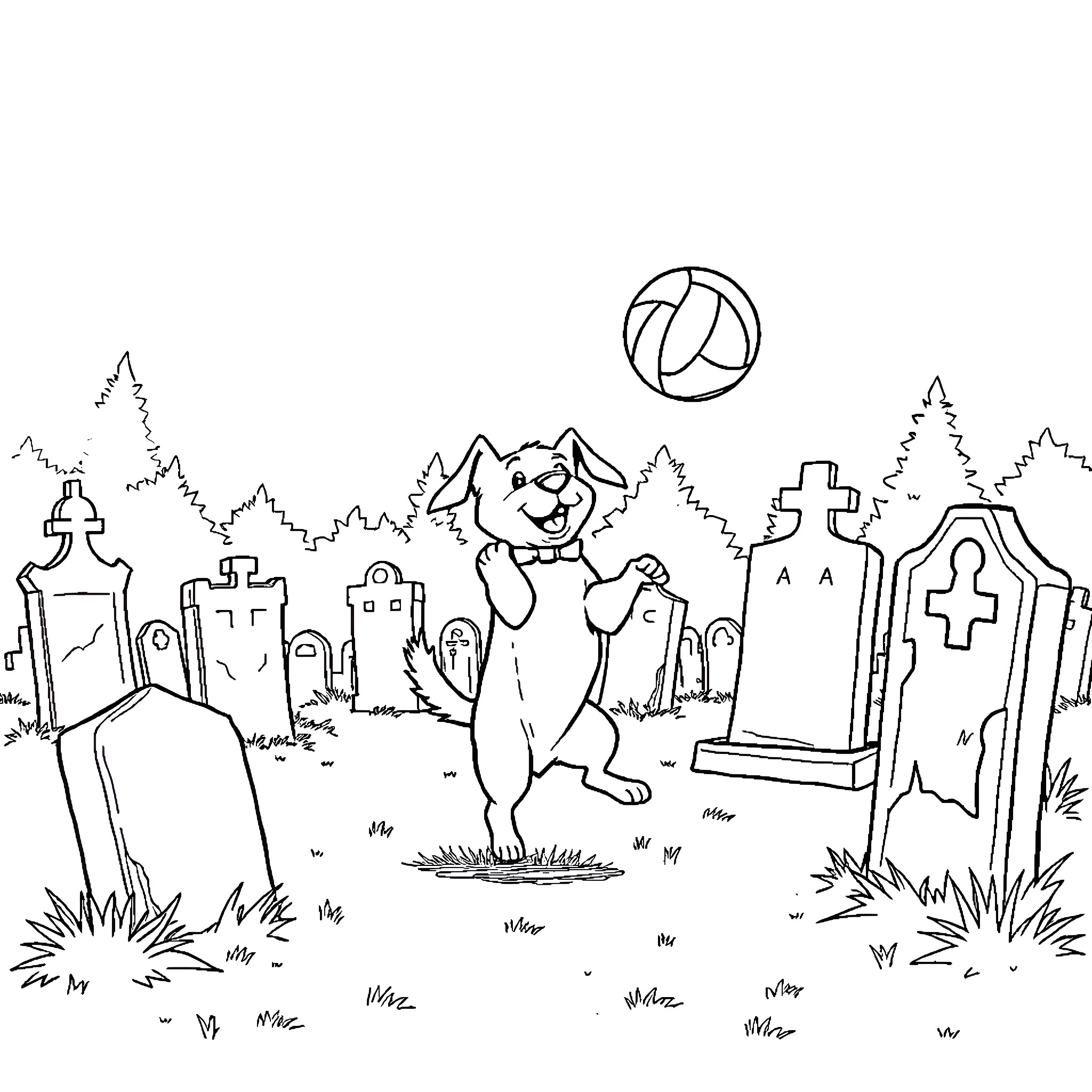 Dog playing joyfully in a spooky graveyard Coloring Page (free black-and-white line drawing printable PDF for all, from beginners to advanced learners, including children, teens, adults, and seniors)