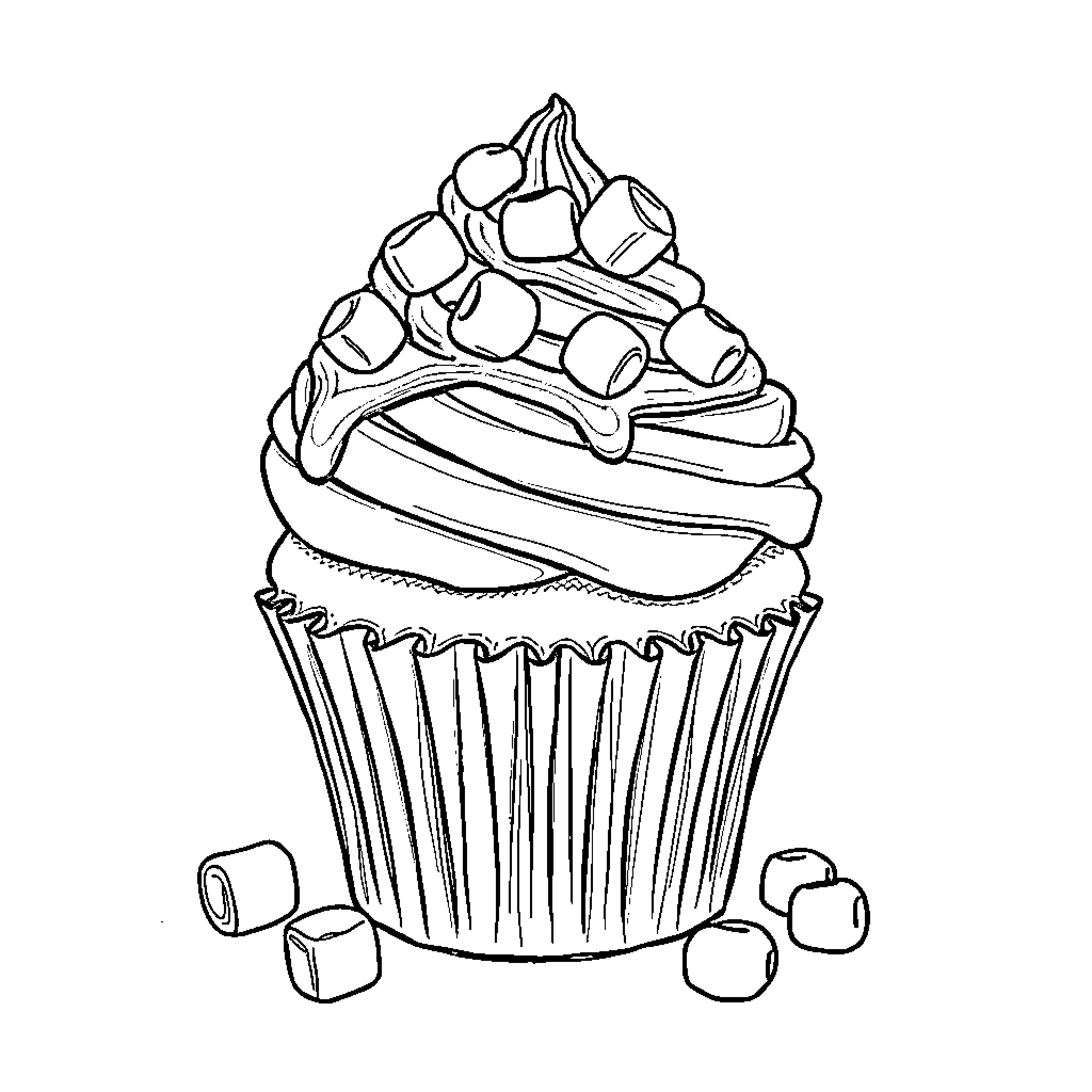 Cupcake Decorated with Sweets and Treats Coloring Page (free black-and-white line drawing printable PDF for all, from beginners to advanced learners, including children, teens, adults, and seniors)