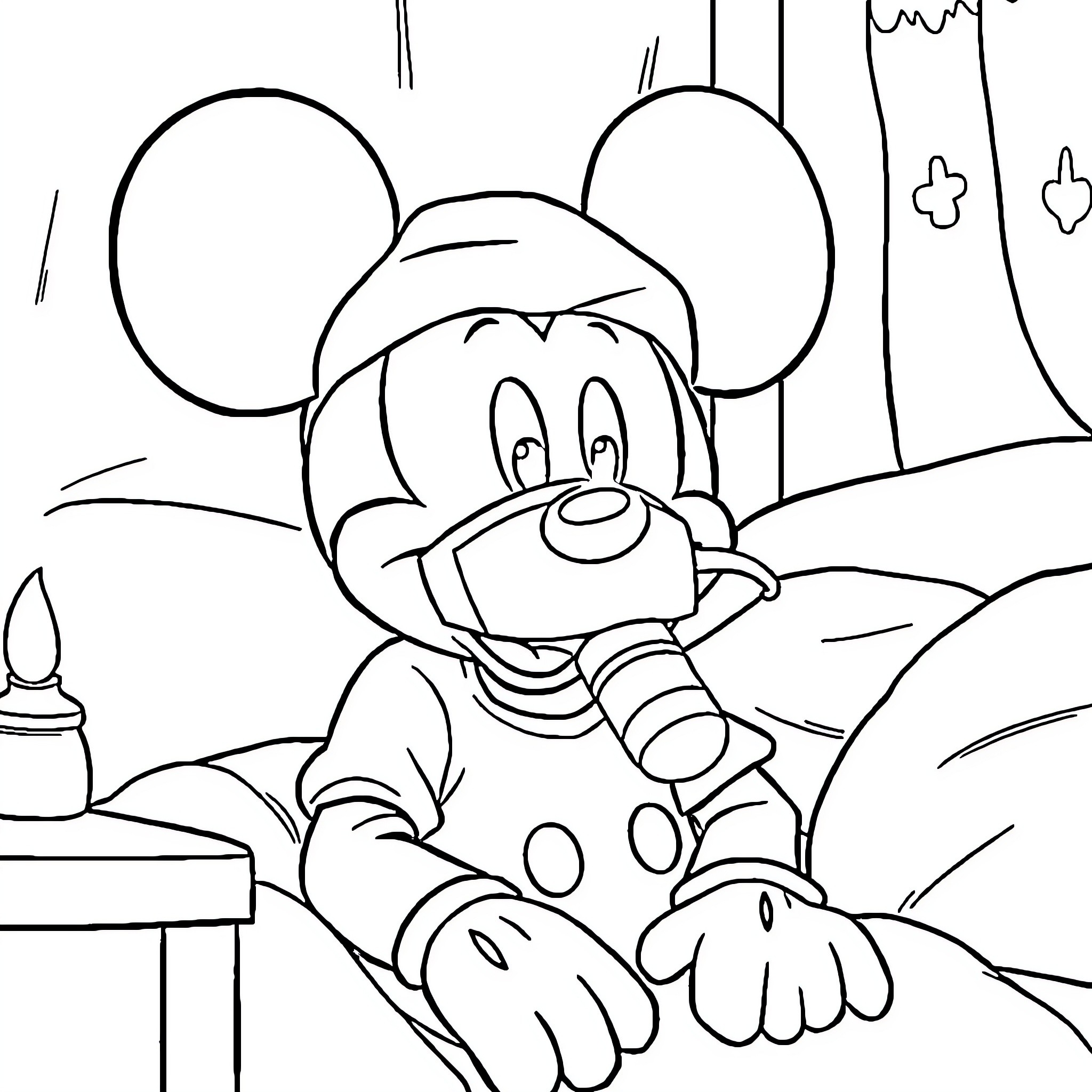 Mickey Mouse enjoying a cozy evening at home Coloring Page (free black-and-white line drawing printable PDF for all, from beginners to advanced learners, including children, teens, adults, and seniors)