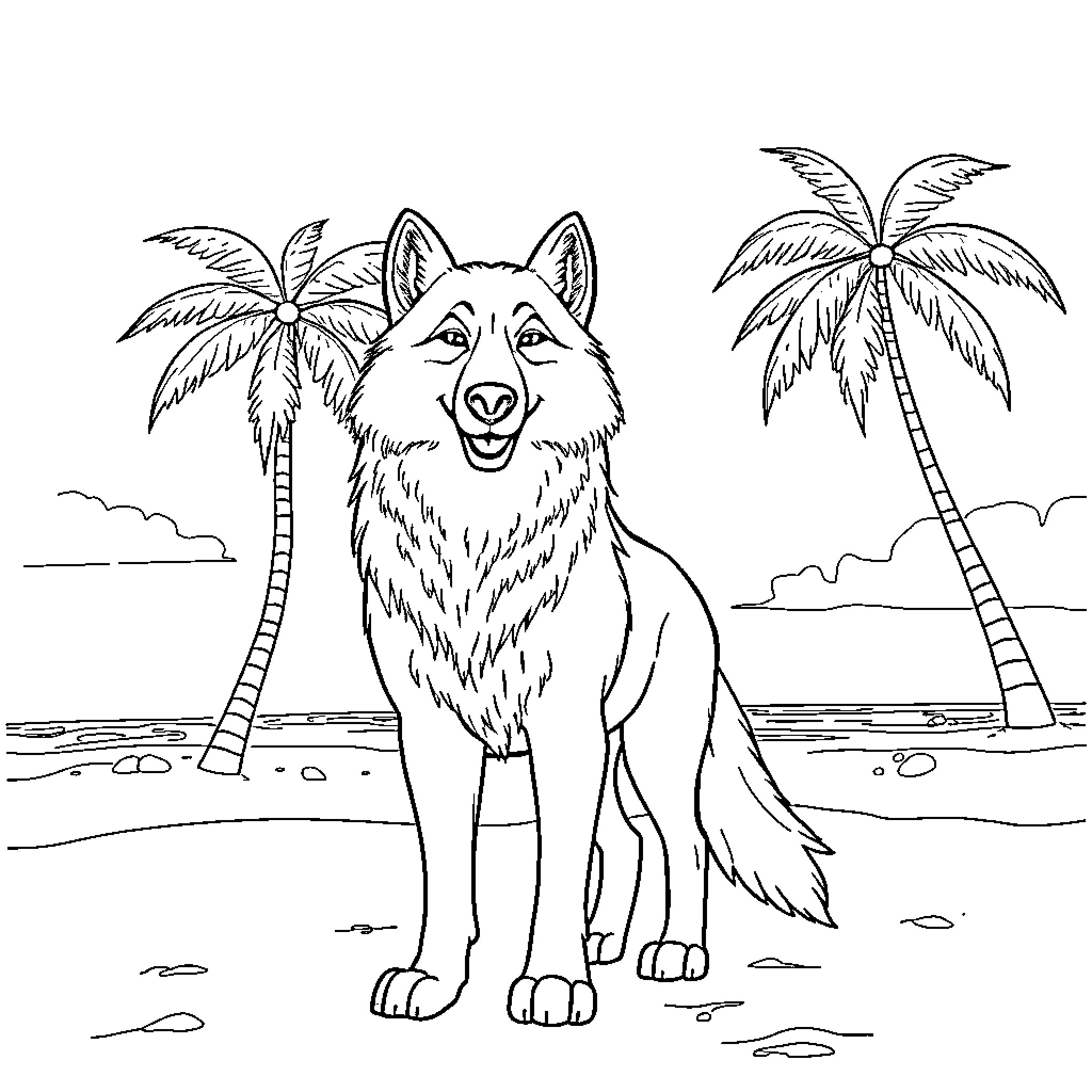 Wolf enjoying the tropical beach scenery Coloring Page (free black-and-white line drawing printable PDF for all, from beginners to advanced learners, including children, teens, adults, and seniors)