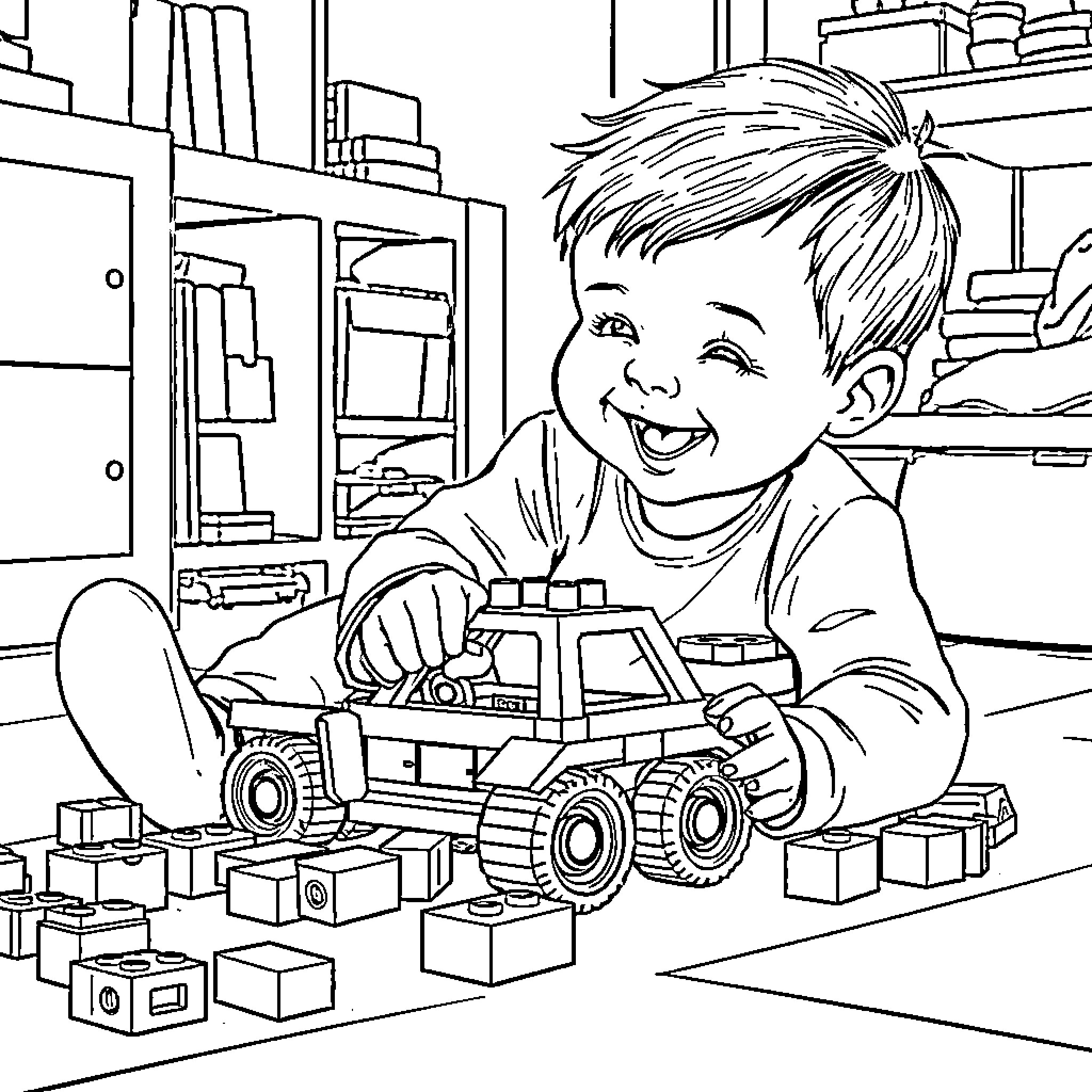 Boy playing happily with toy car in room Coloring Page (free black-and-white line drawing printable PDF for all, from beginners to advanced learners, including children, teens, adults, and seniors)