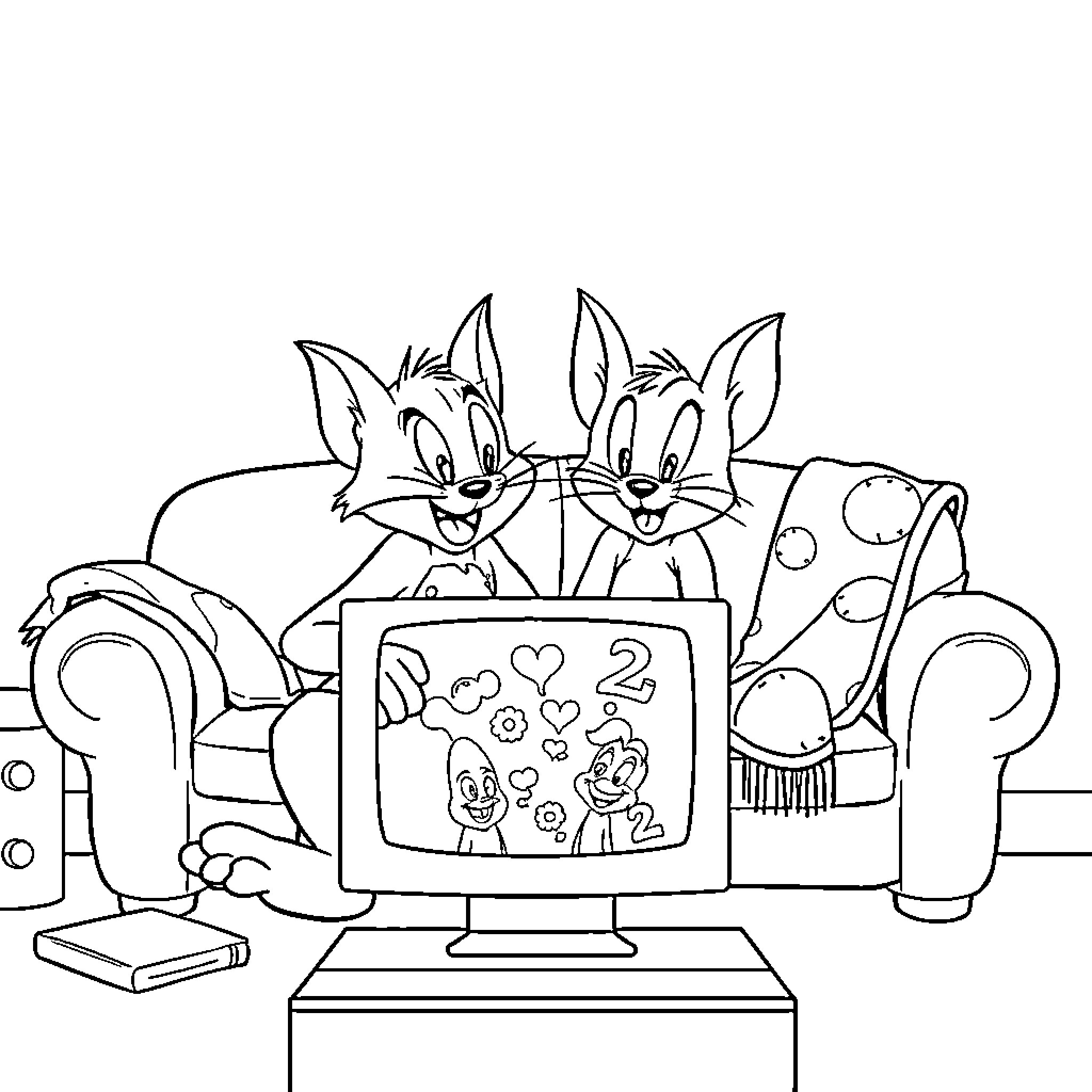 Tom and Jerry enjoying a cartoon on TV Coloring Page (free black-and-white line drawing printable PDF for all, from beginners to advanced learners, including children, teens, adults, and seniors)