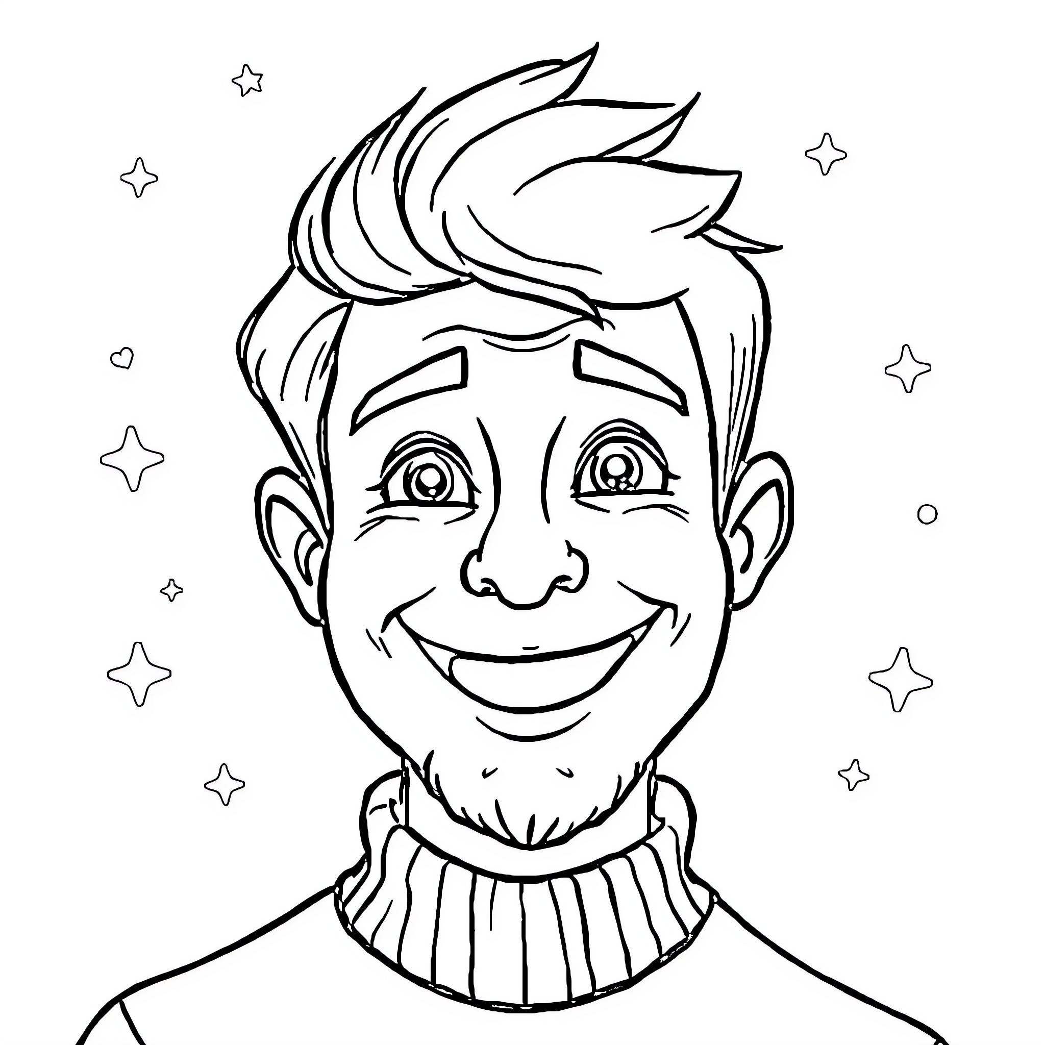 Hedgehog man smiling with stars Coloring Page (free black-and-white line drawing printable PDF for all, from beginners to advanced learners, including children, teens, adults, and seniors)