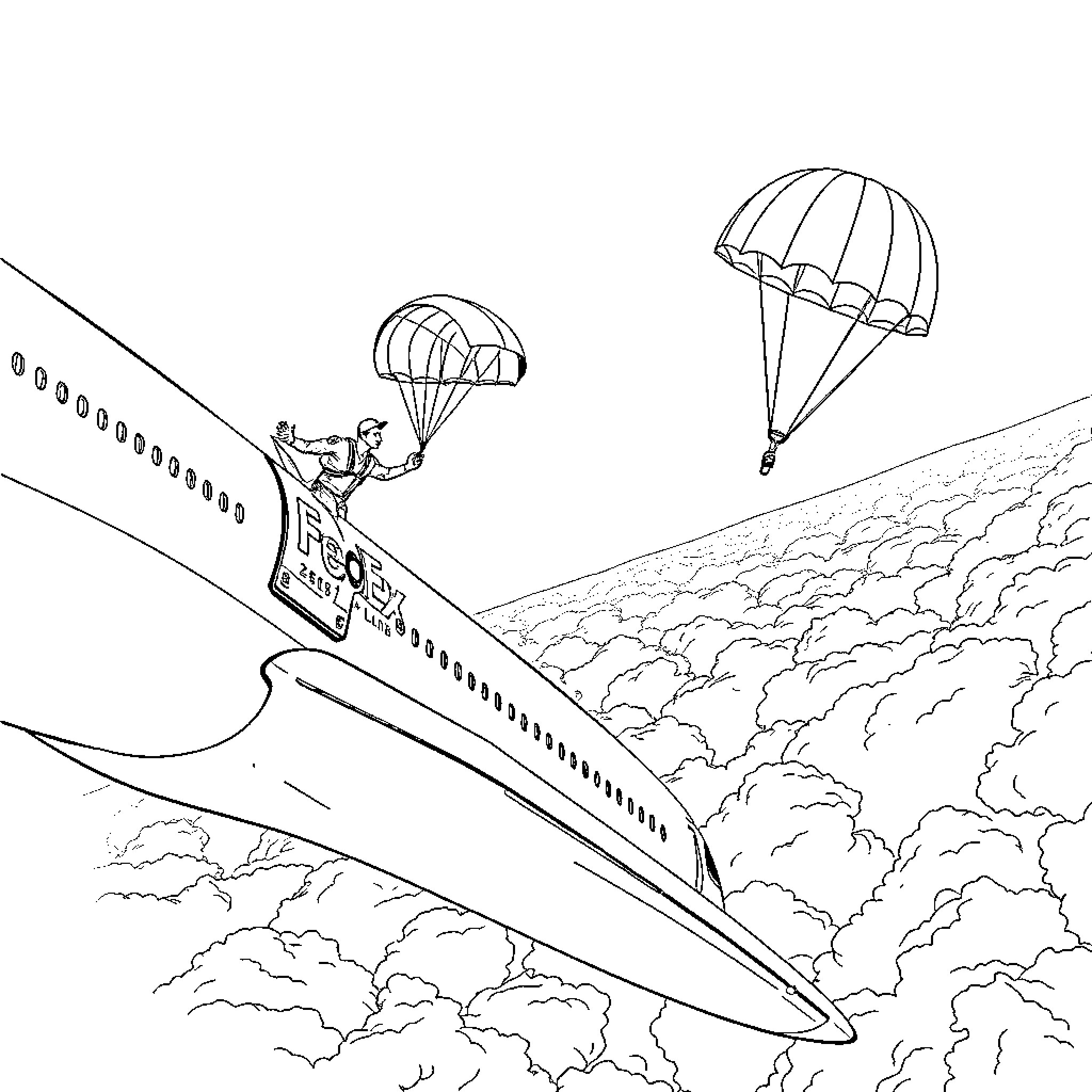 Man parachuting from an aircraft in the sky Coloring Page (free black-and-white line drawing printable PDF for all, from beginners to advanced learners, including children, teens, adults, and seniors)