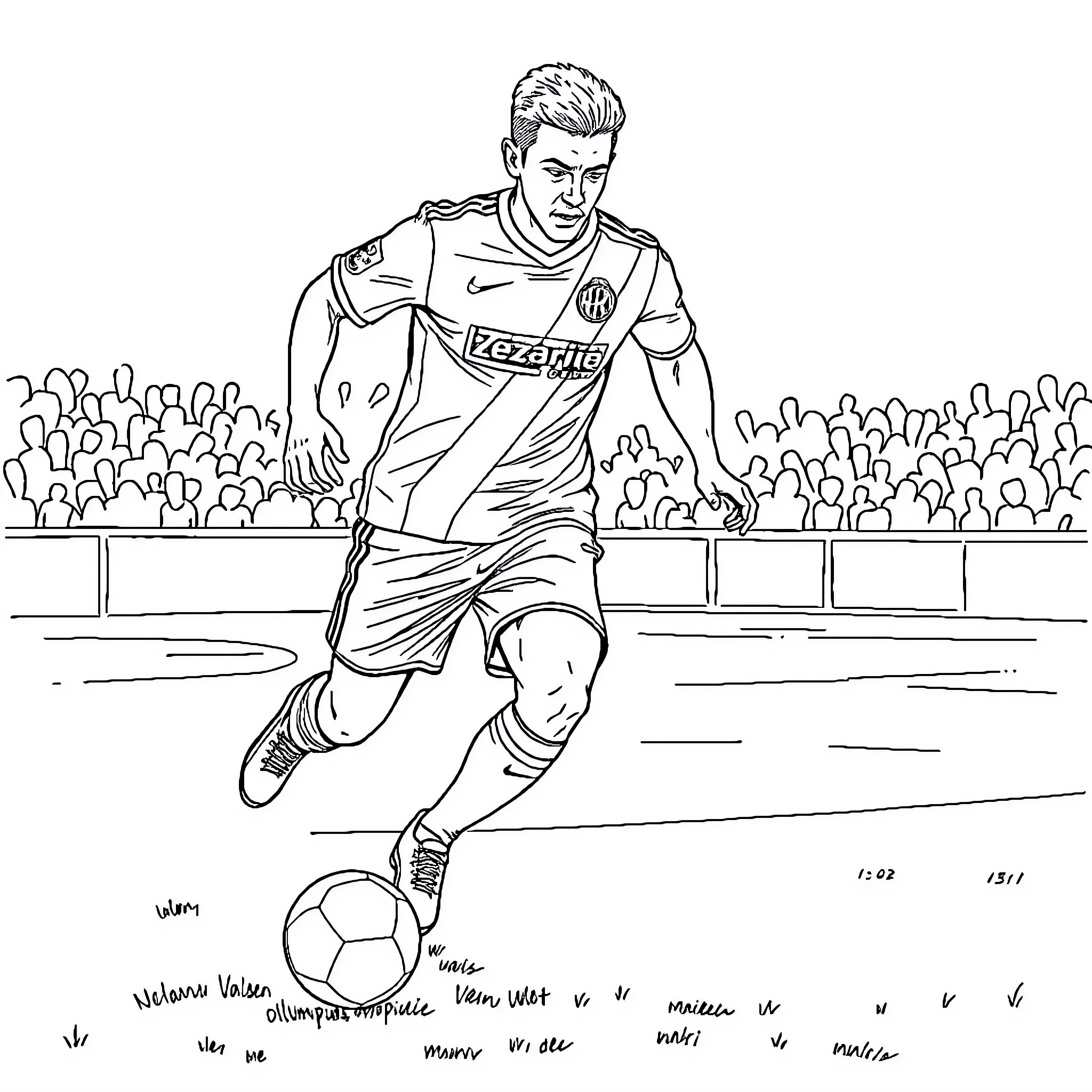 Joueur Soccer Player in Action on the Field Coloring Page (free black-and-white line drawing printable PDF for all, from beginners to advanced learners, including children, teens, adults, and seniors)