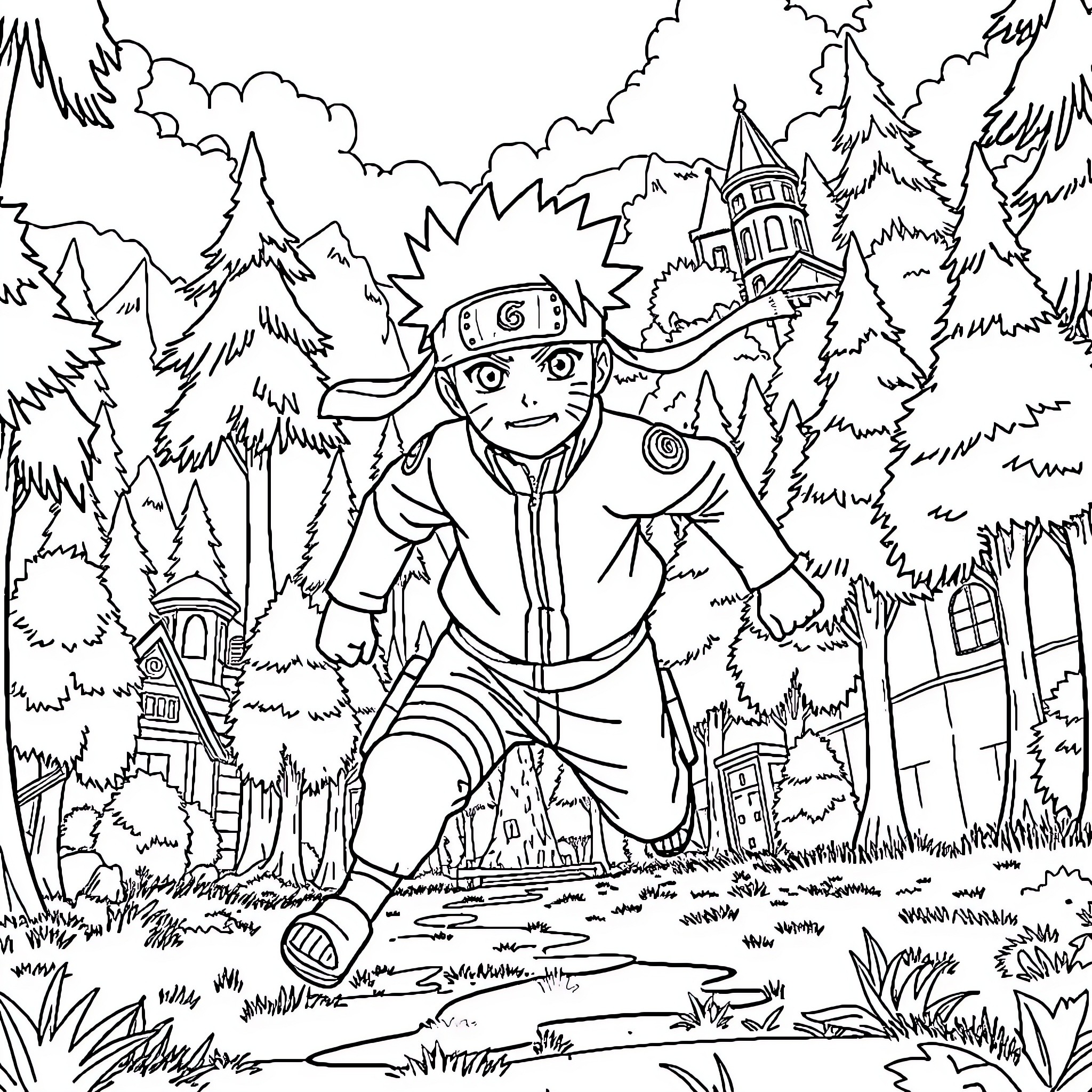 Naruto adventuring through the mystical forest Coloring Page (free black-and-white line drawing printable PDF for all, from beginners to advanced learners, including children, teens, adults, and seniors)