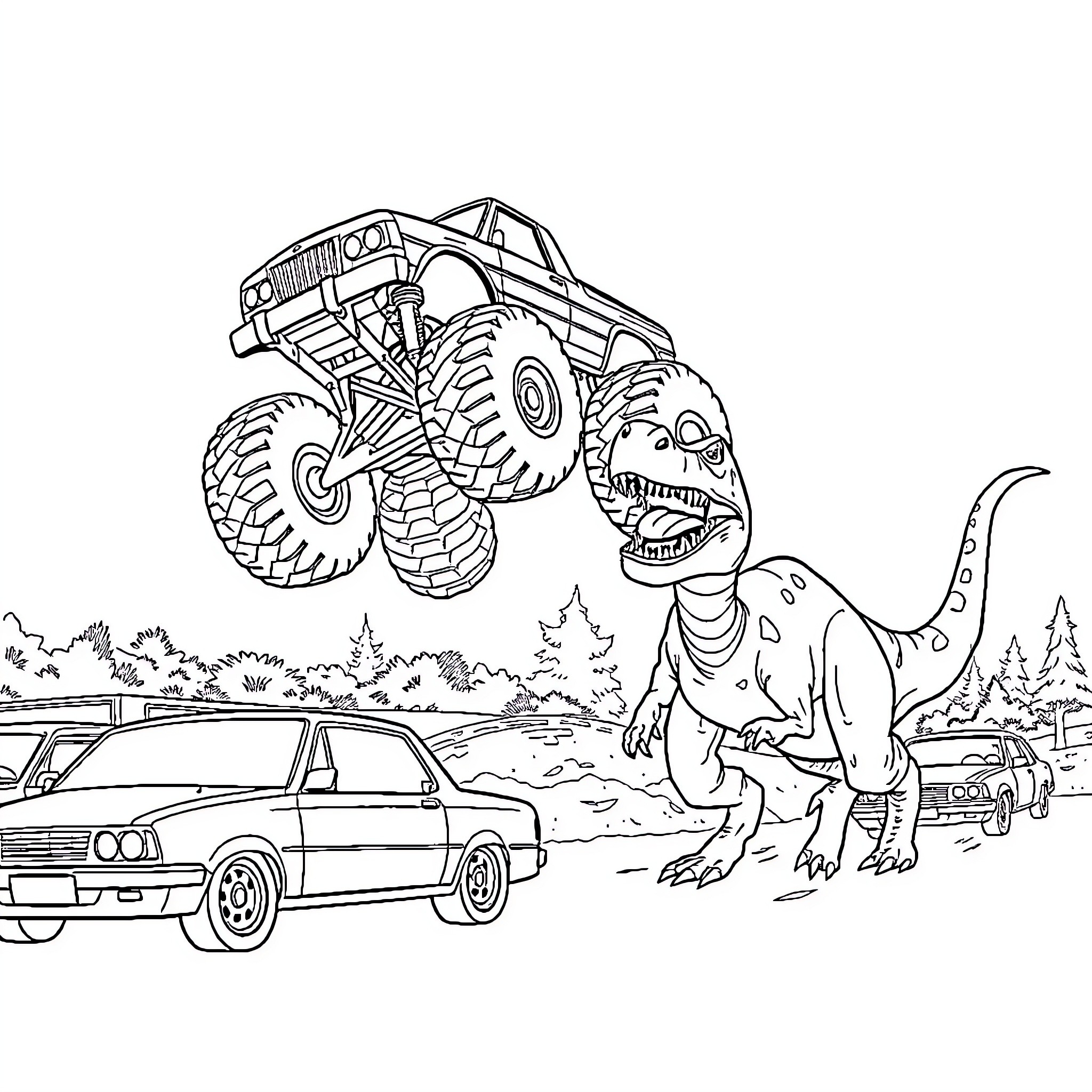 Monster Truck Crushing Dinosaur in the Wild Coloring Page (free black-and-white line drawing printable PDF for all, from beginners to advanced learners, including children, teens, adults, and seniors)